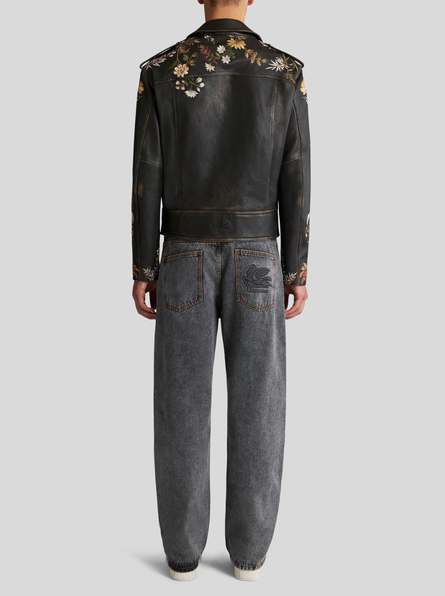 LEATHER BIKER JACKET WITH EMBROIDERY - 5