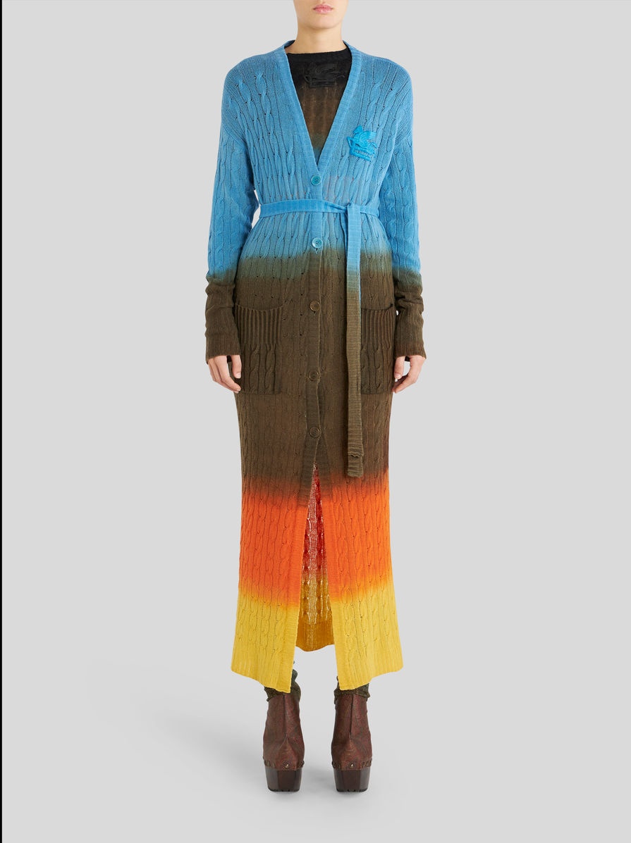 COLOUR SHADED LONG CABLE WOOL CARDIGAN - 2