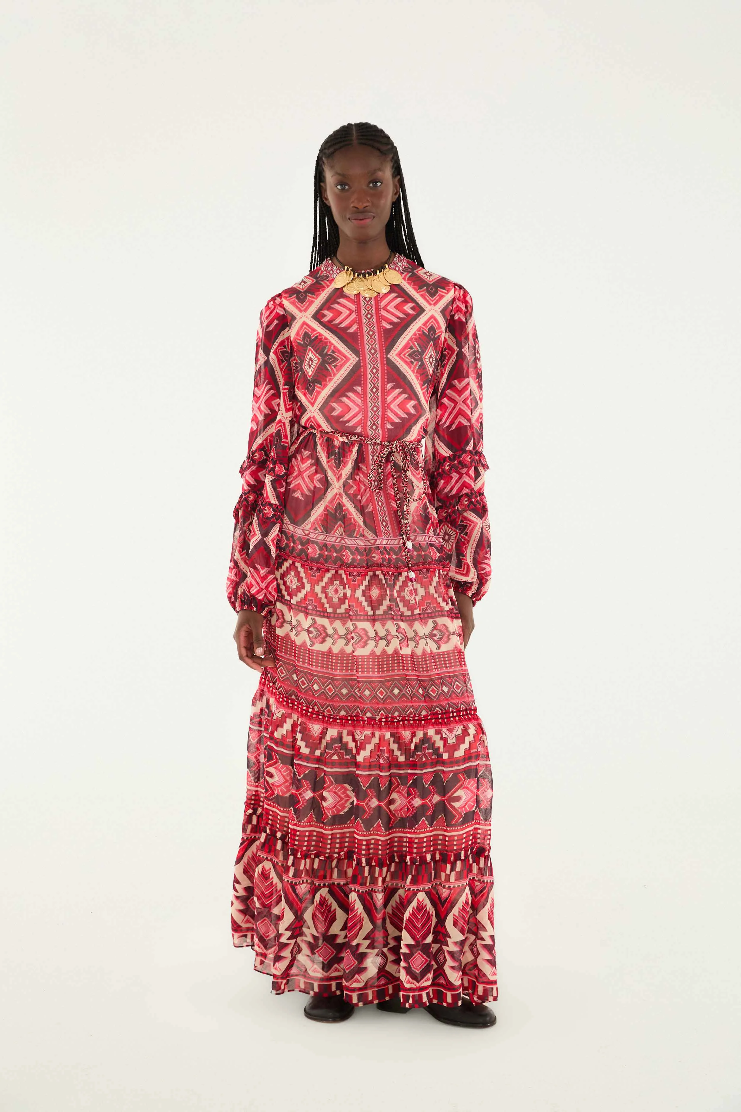 Red Graphic Ainika Belted Tiered Maxi Dress - 1