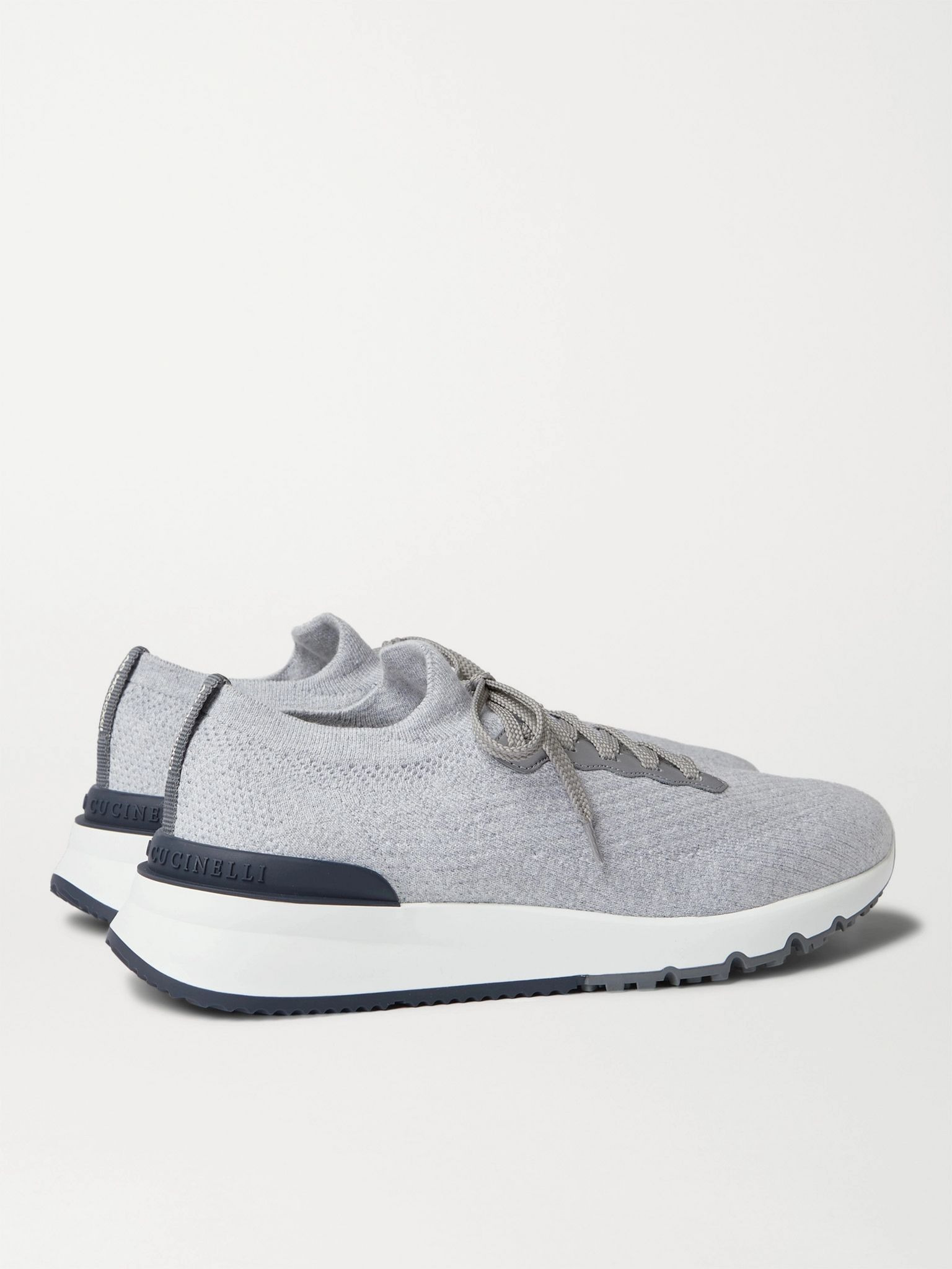Leather-Trimmed Stretch-Knit Sneakers Gray - 4