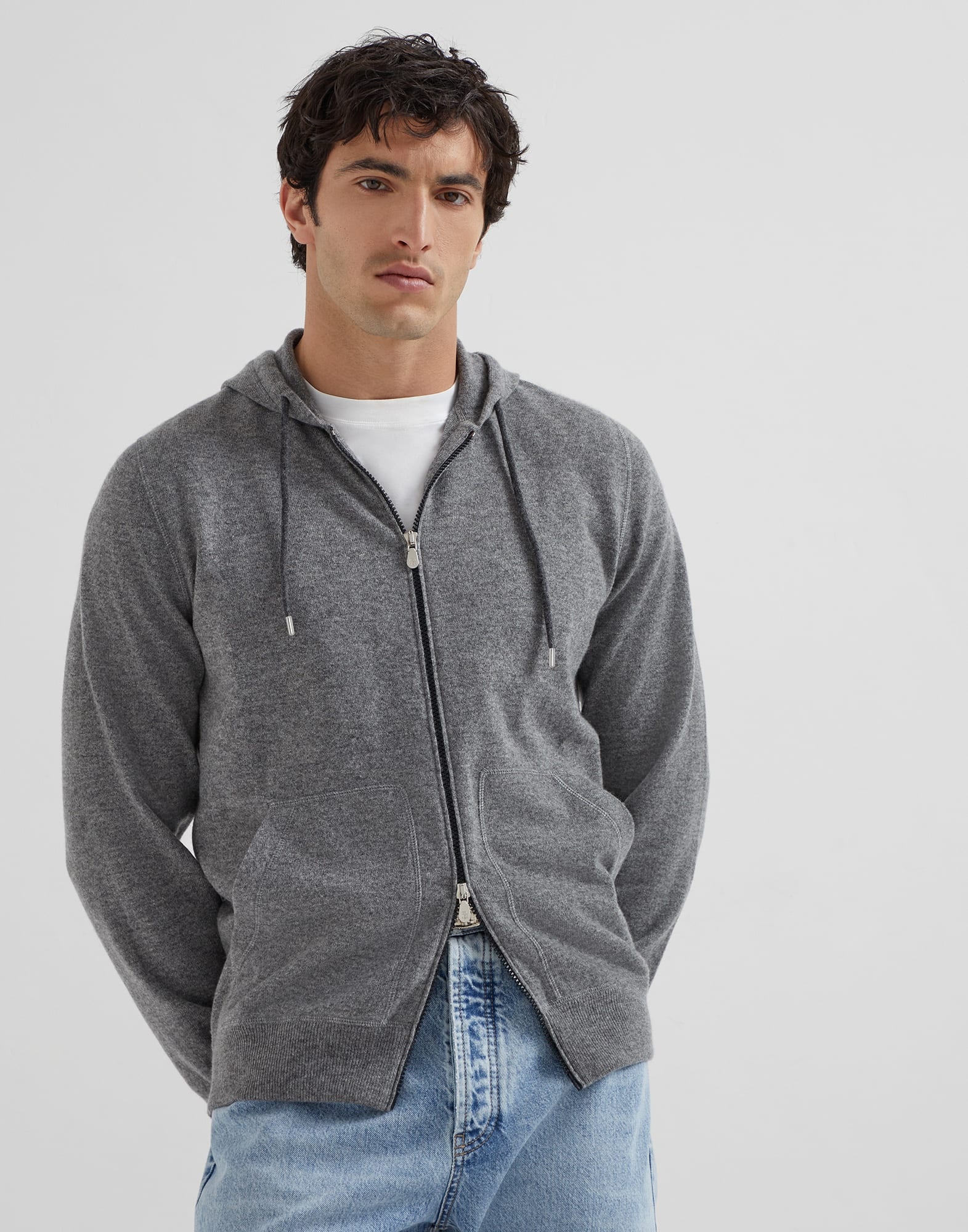 Cashmere sweatshirt-style cardigan with hood - 1