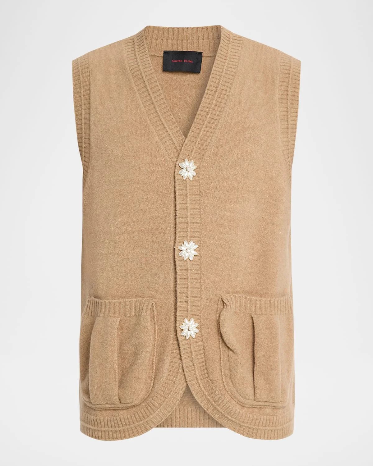 Men's Virgin Wool Knit Pearly Flower-Button Cardigan Vest - 1
