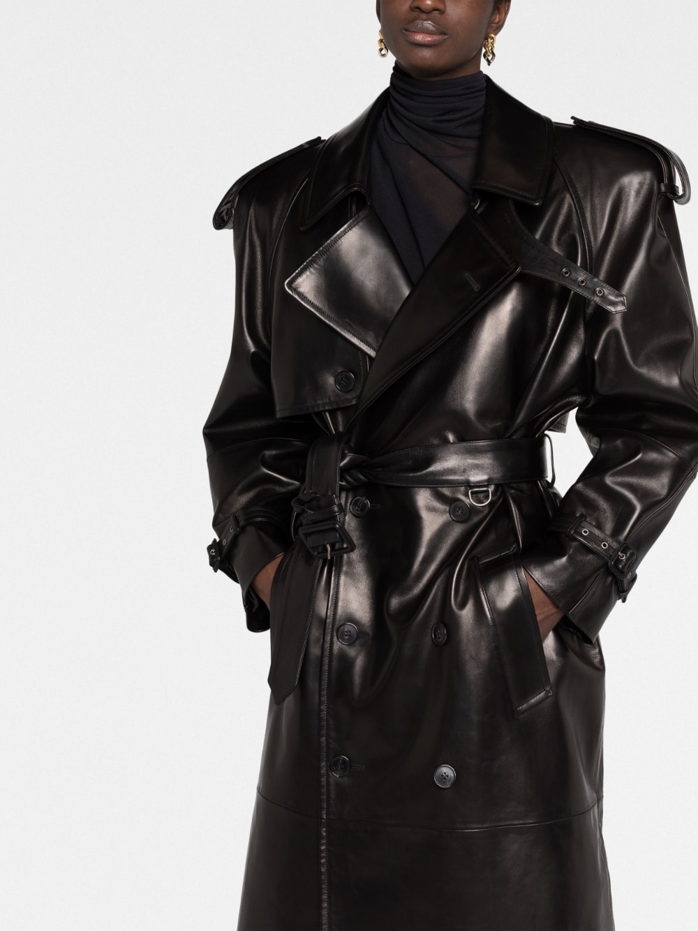 double-breasted leather trench coat - 5