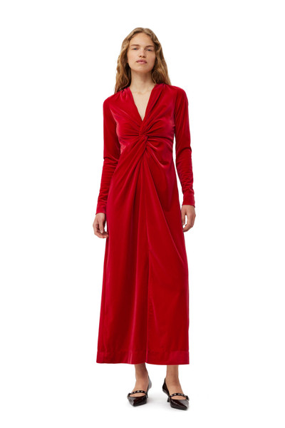 GANNI RED VELVET JERSEY TWIST LONG DRESS outlook