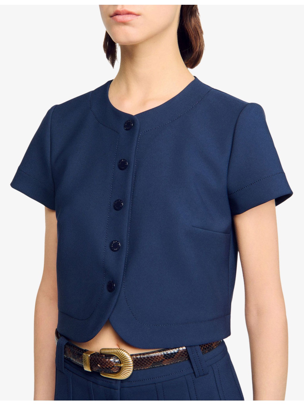 Round-Neck Button-Down Stretch-Woven Crop Top - 5