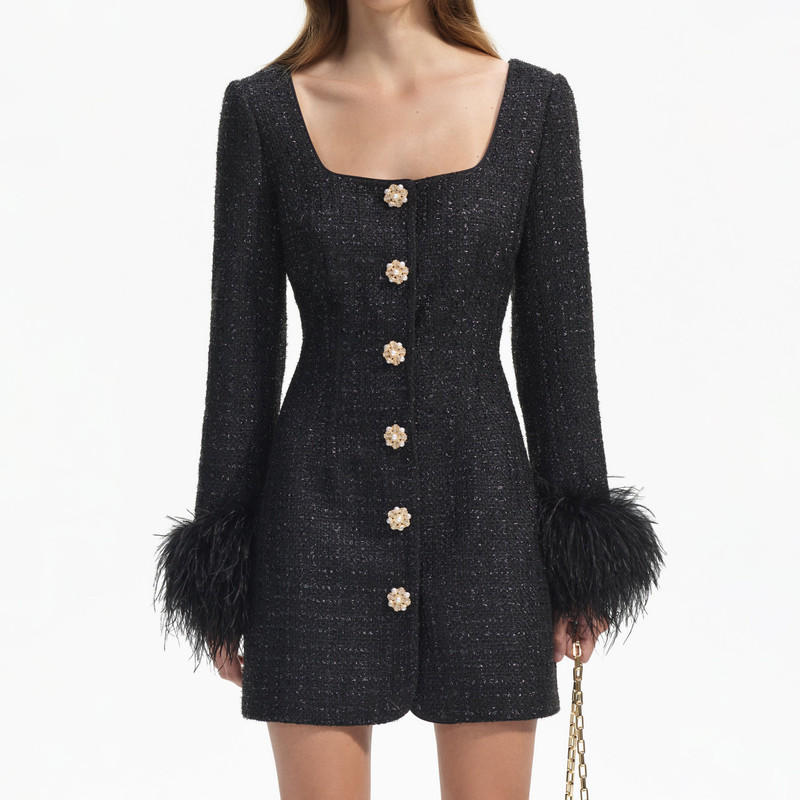 self-portrait Black Boucle Feather Mini Dress - RS24-041S-B | REVERSIBLE