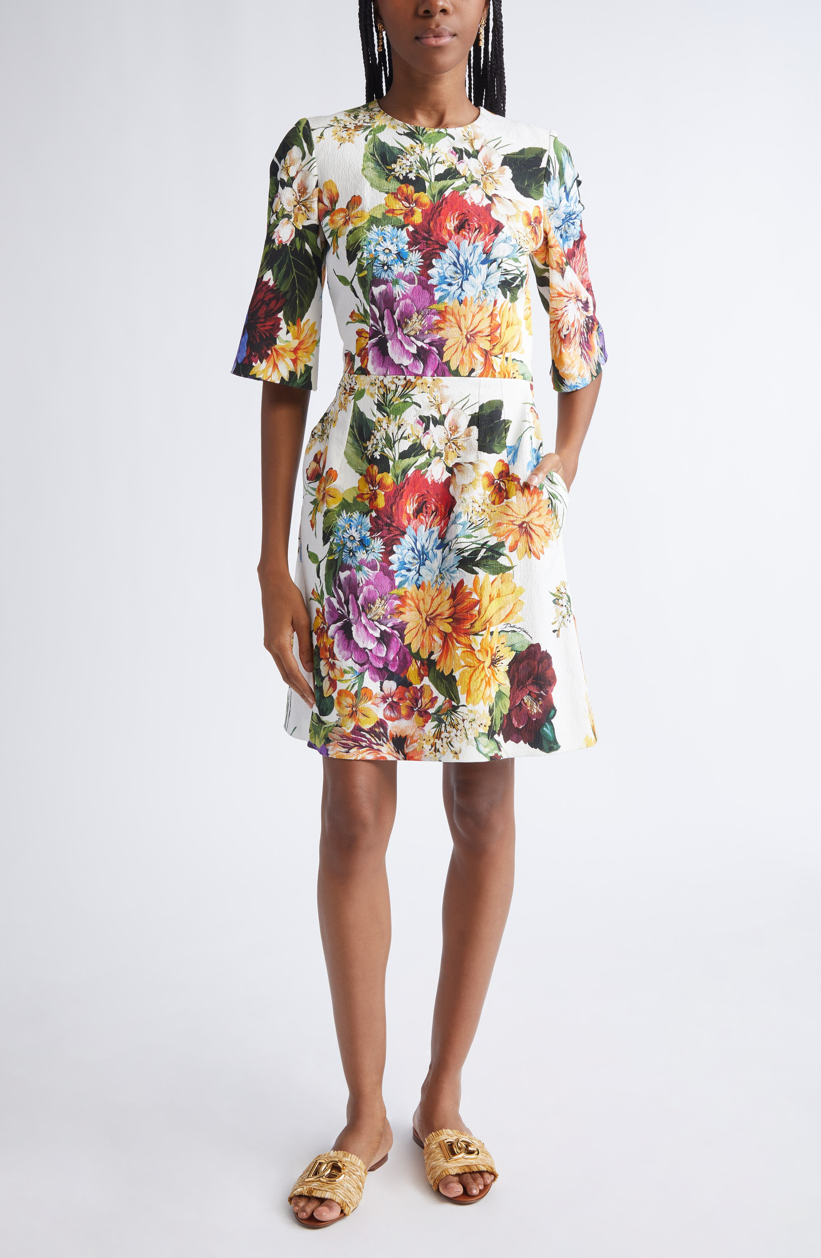 Dolce&Gabbana Floral Elbow Sleeve Sheath Dress in Ha5Pc B.fiori Cret. F.bco at Nordstrom - 1
