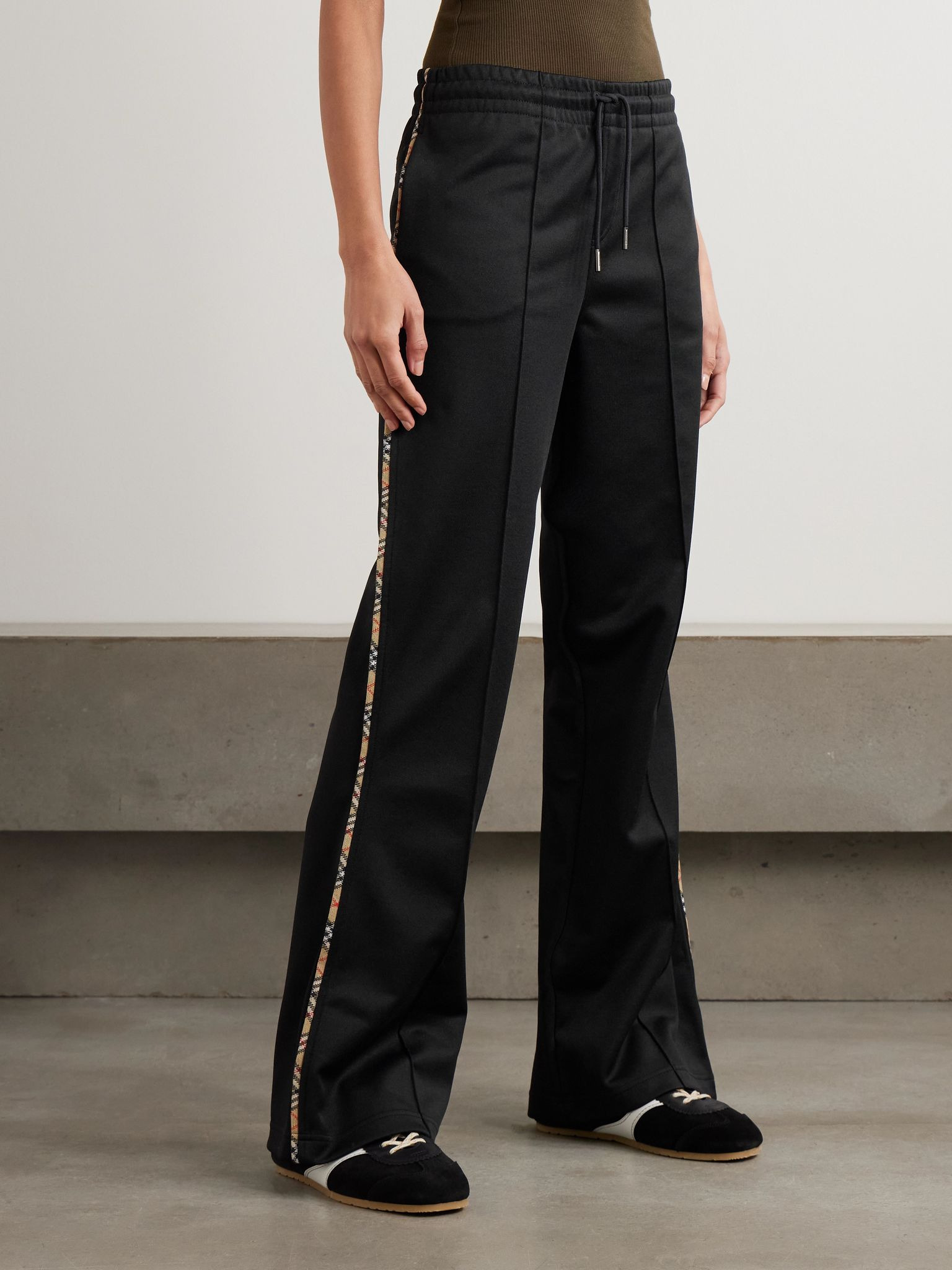 Checked piqué-trimmed jersey flared track pants Black - 3