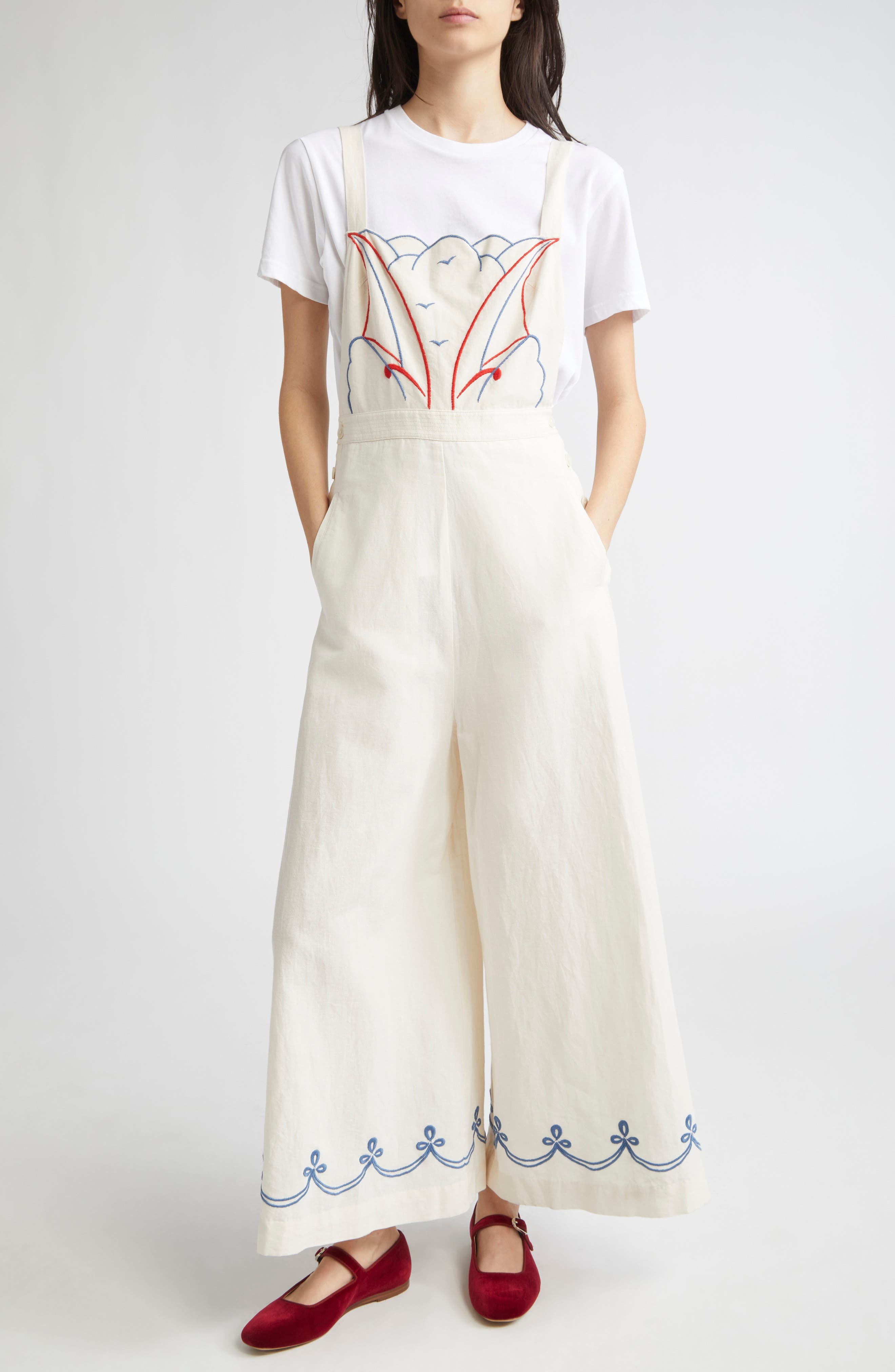 Bode Embroidered Sailboat Cotton & Linen Jumpsuit in White Multi at Nordstrom - 1