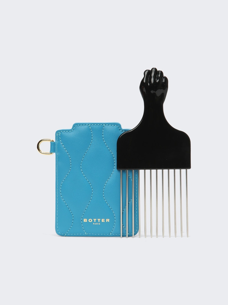 Afro Comb with Padded Leather Bag Blue 5
