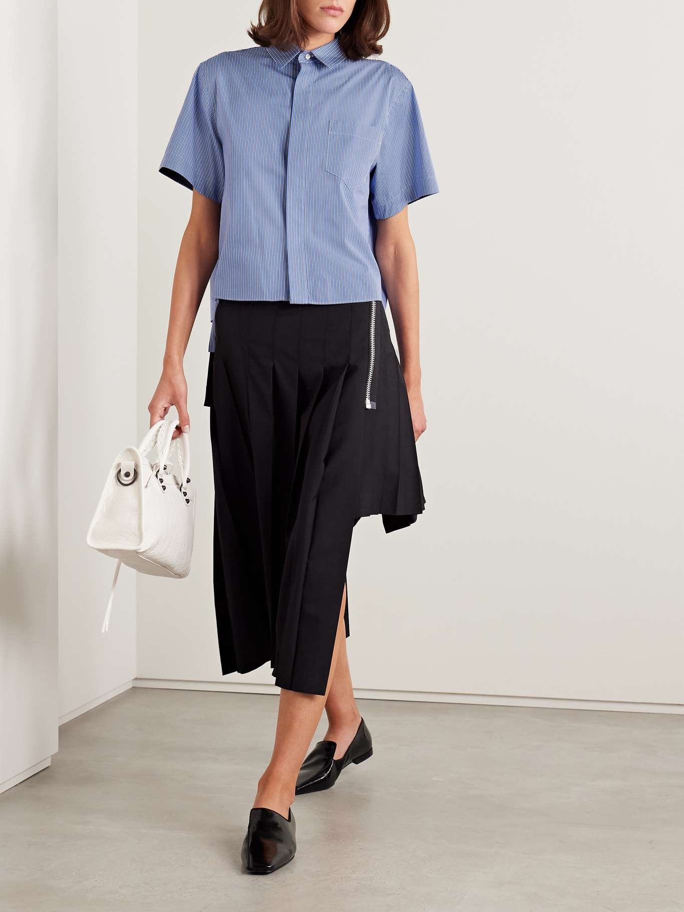 Layered pleated pinstriped poplin shirt Blue - 2