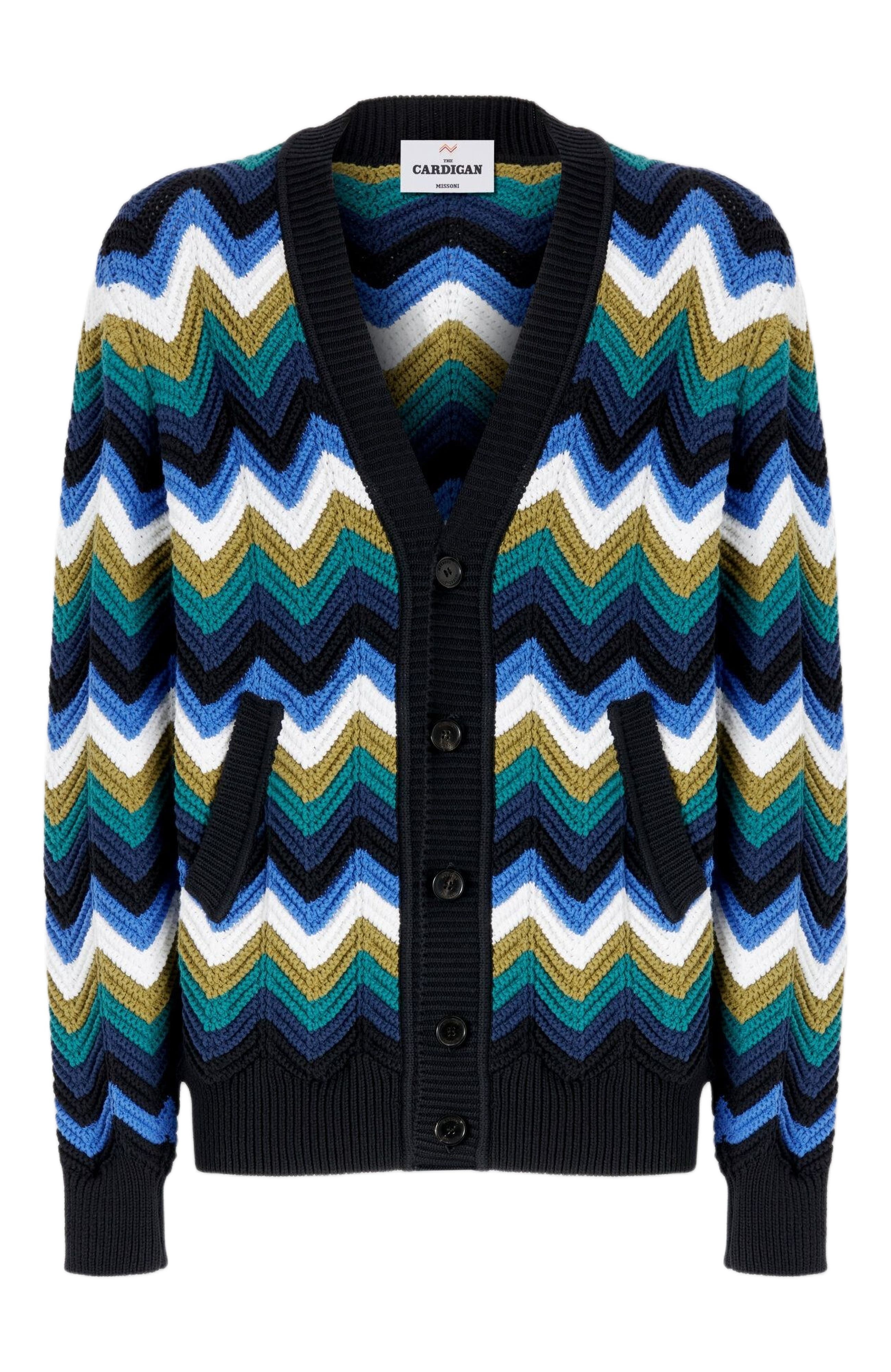 Missoni Chevron Knit Cardigan With Pockets And Contrasting Piping in Blue at Nordstrom - 6
