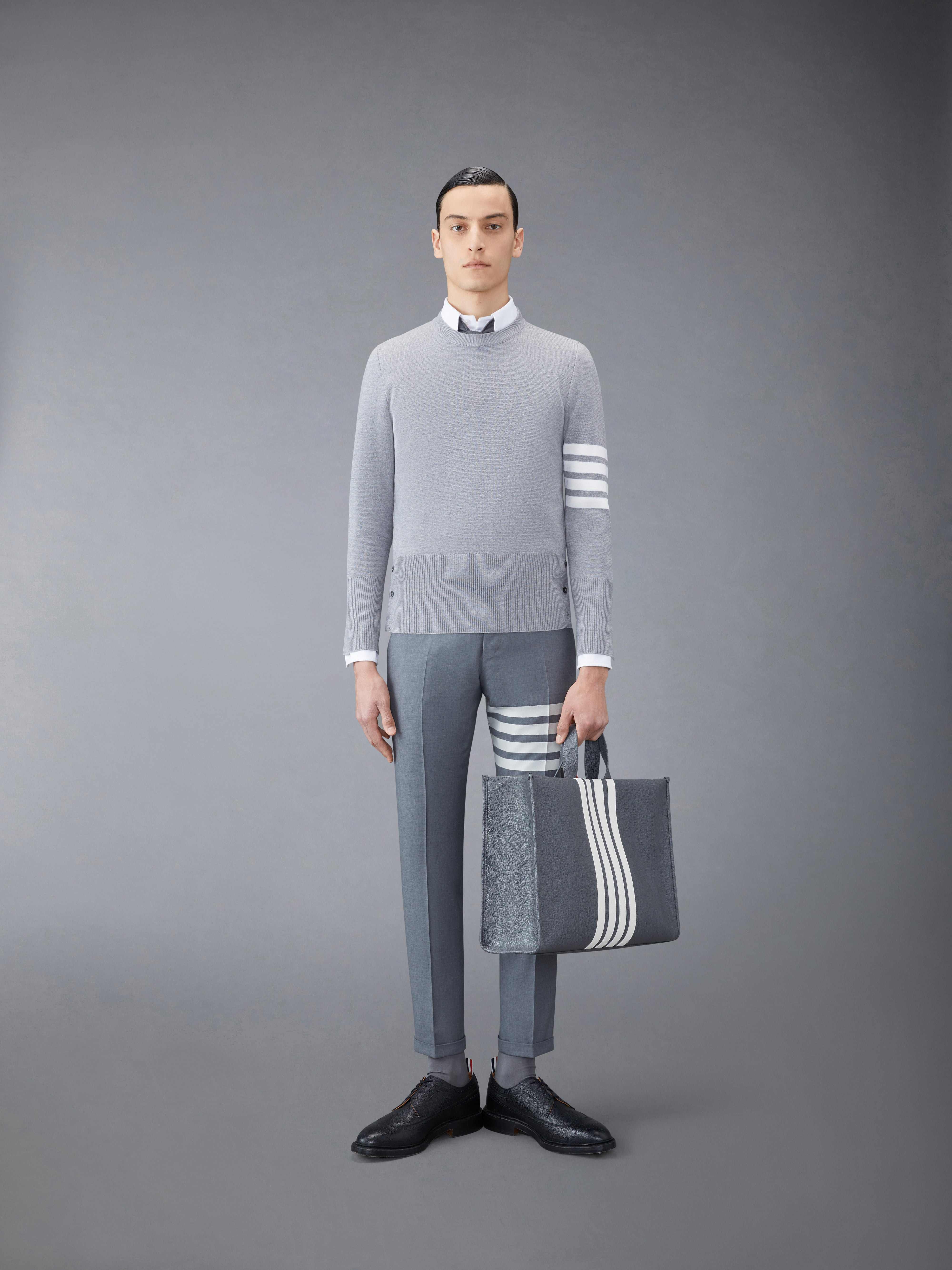 Light Grey Finemerino Wool 4-bar Crew Neck Pullover - 3