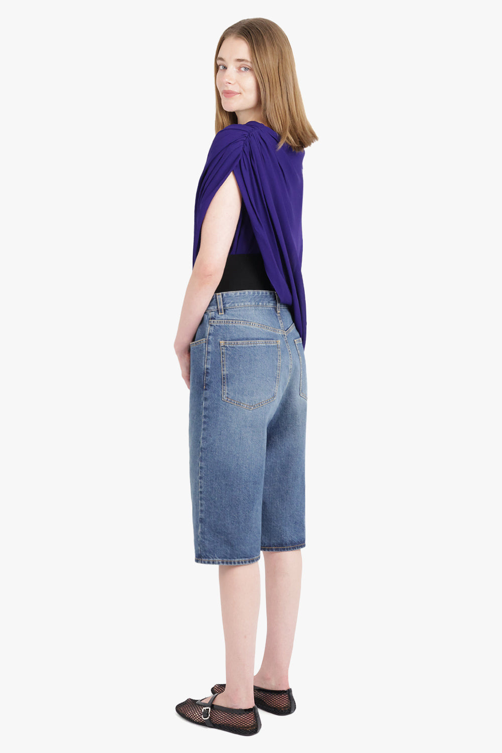 KNIT BAND DENIM JEAN SHORTS | BLUE/BLACK - 6