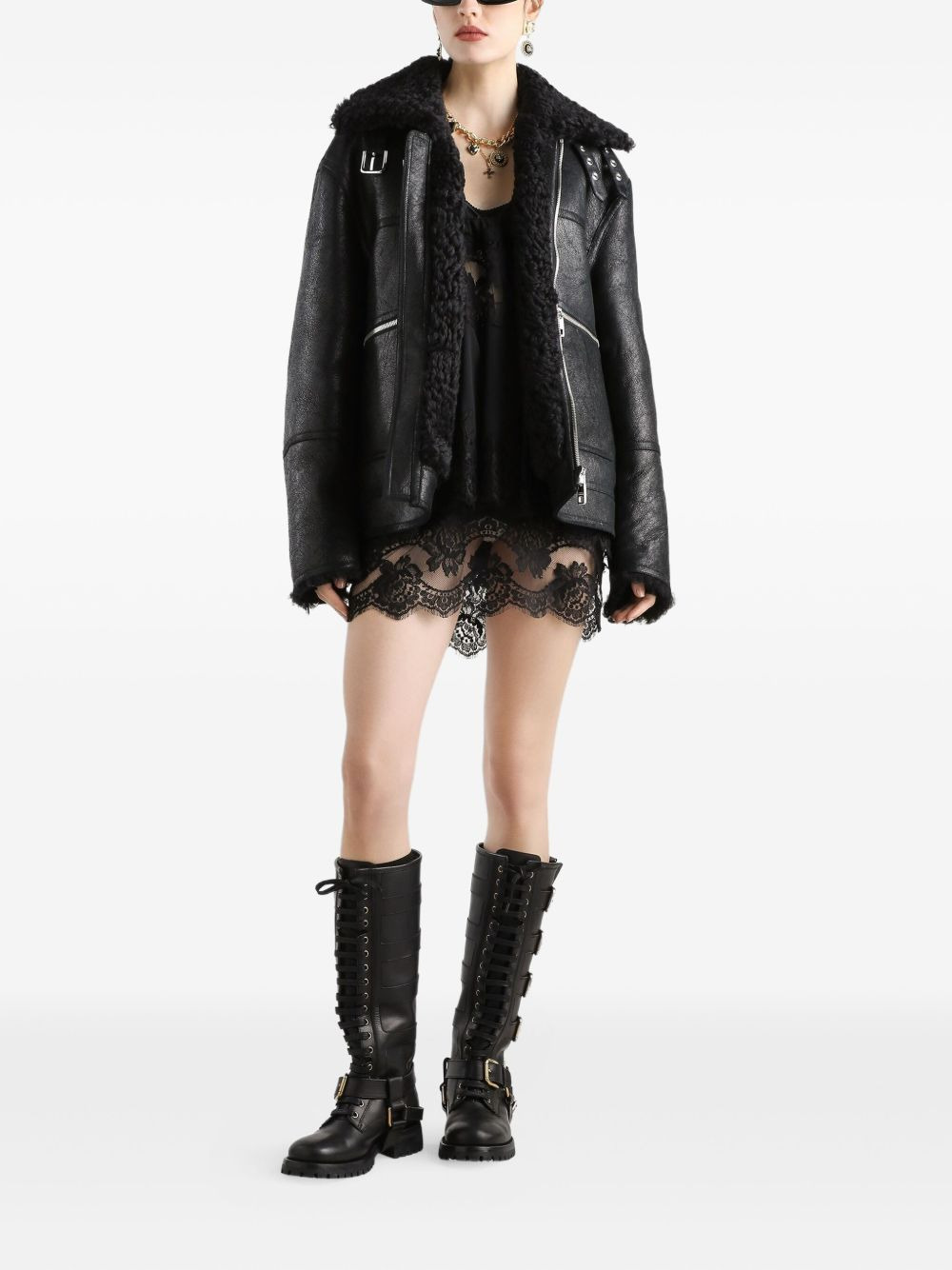 shearling-collar leather jacket - 2