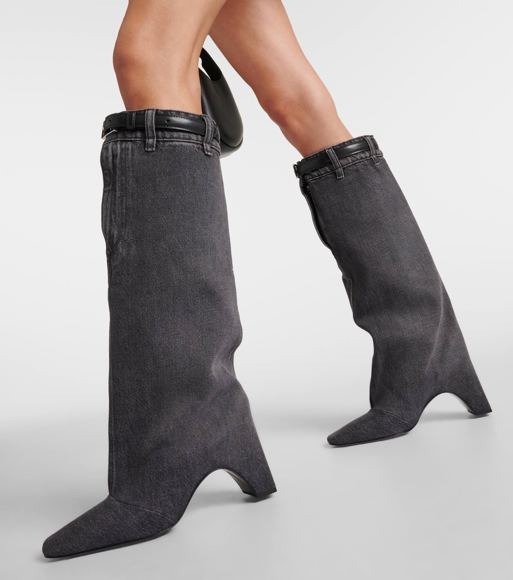 Leather-trimmed denim knee-high boots - 4