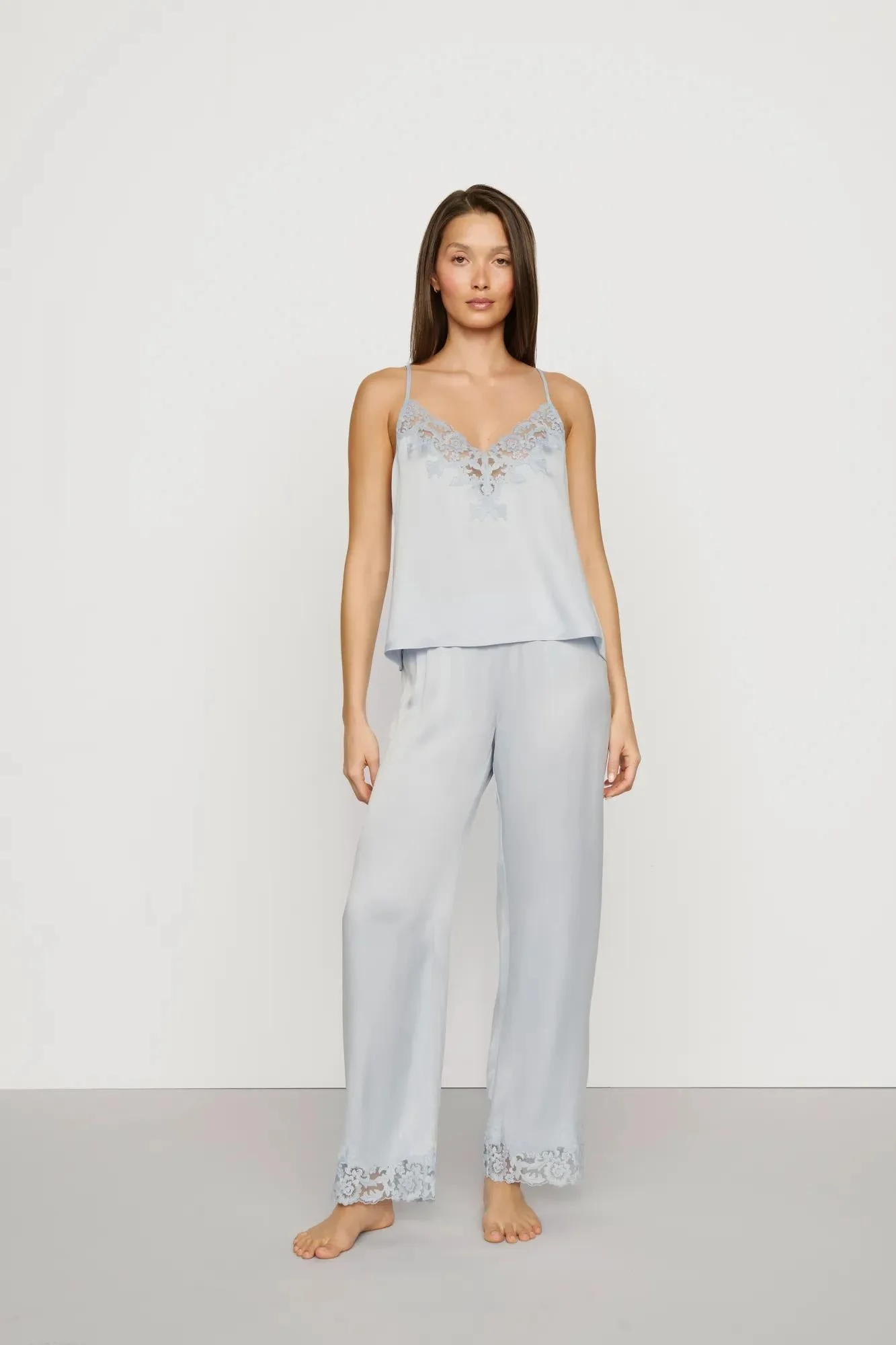 Washable Silk with Lace Embroidery Cami & Pant PJ Set - 1