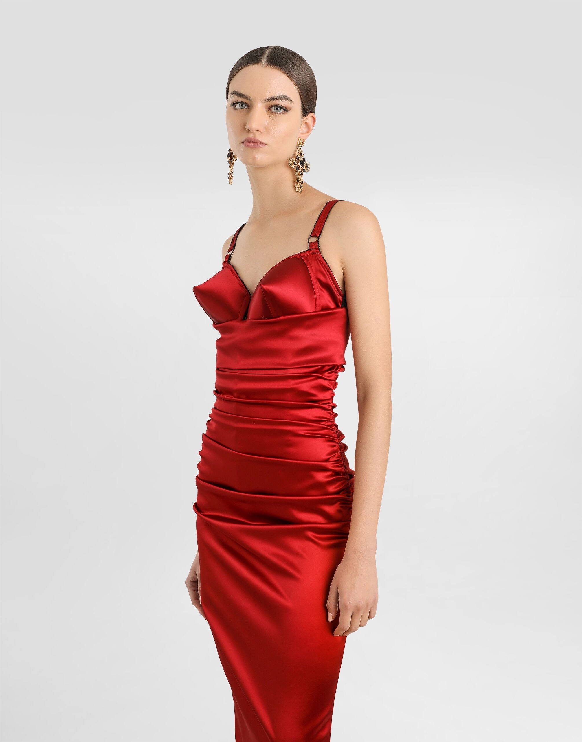 Draped satin calf-length dress with conical cups - 4