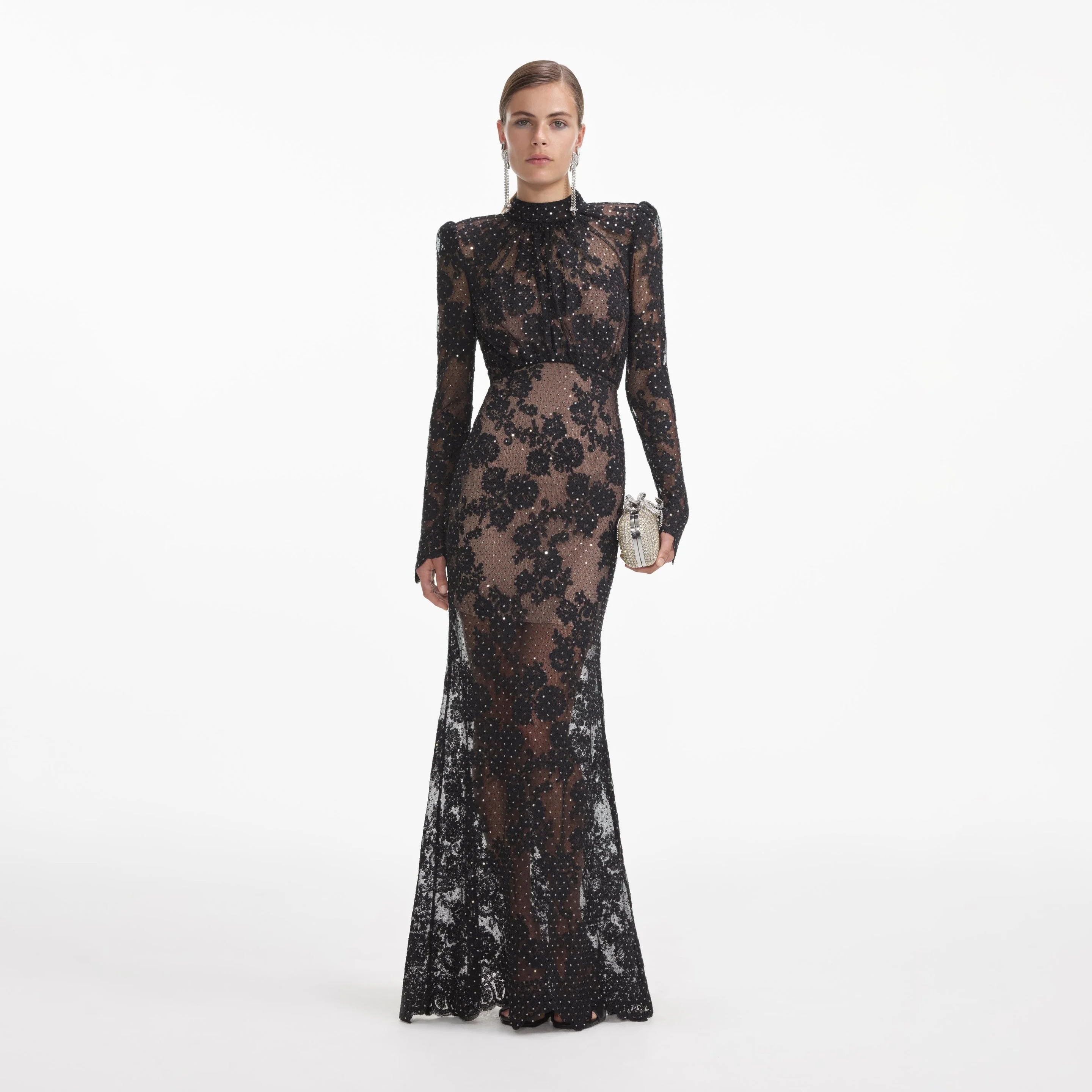 Black Rhinestone Lace Maxi Dress - 1