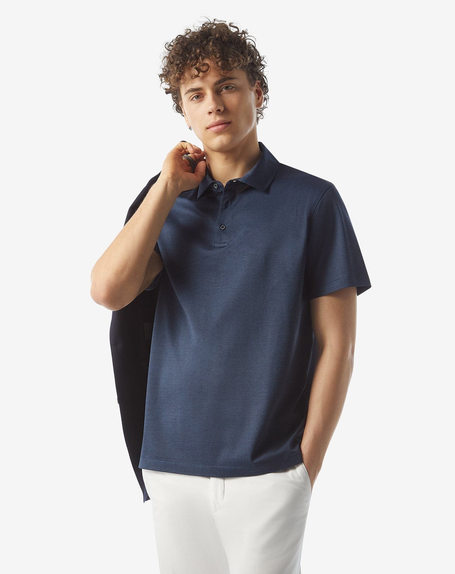 Denim blue button-up lisle thread polo shirt - 2