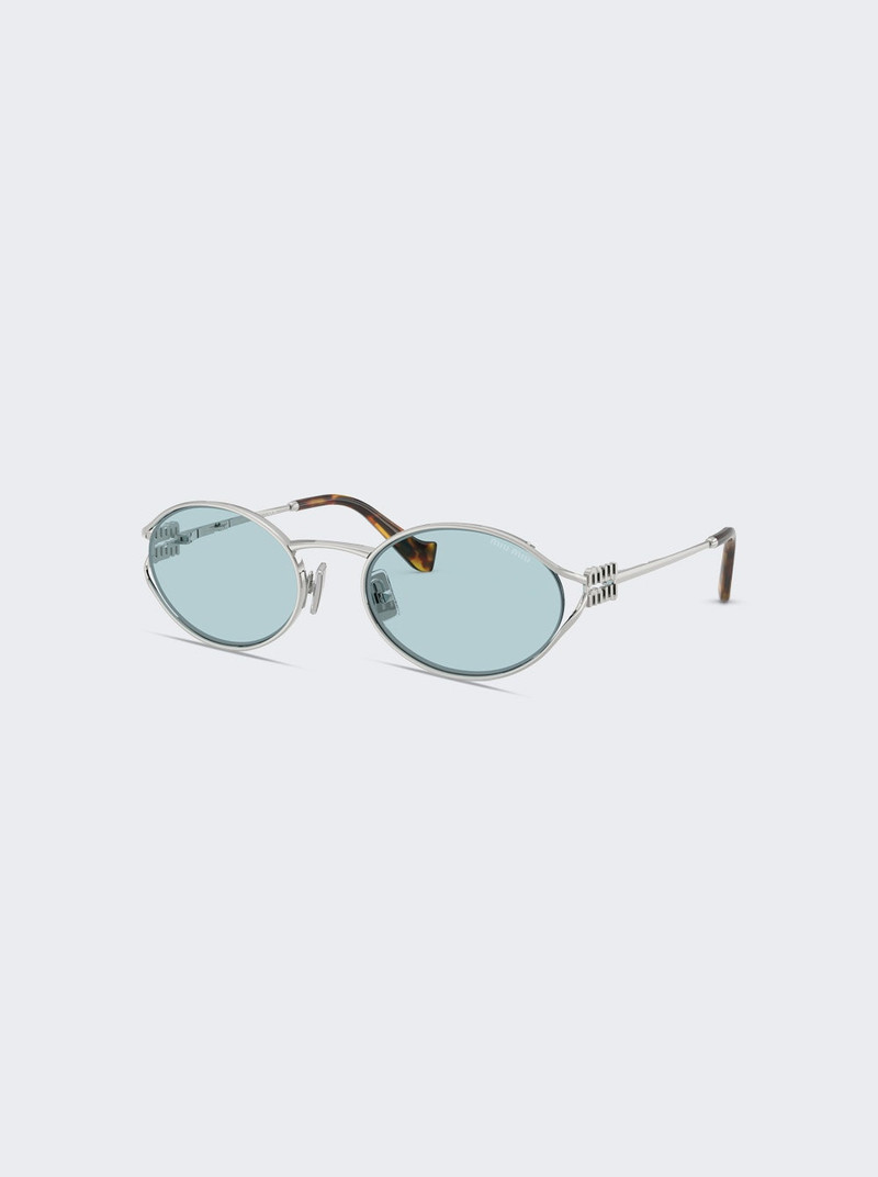 Miu Miu Metal Oval Sunglasses Silver And Celeste Blue Lenses outlook