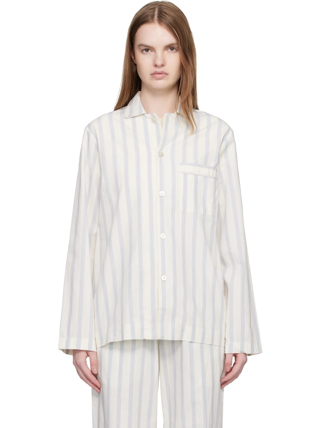 Off-White & Blue Poplin Long-Sleeved Pyjama Shirt - 1