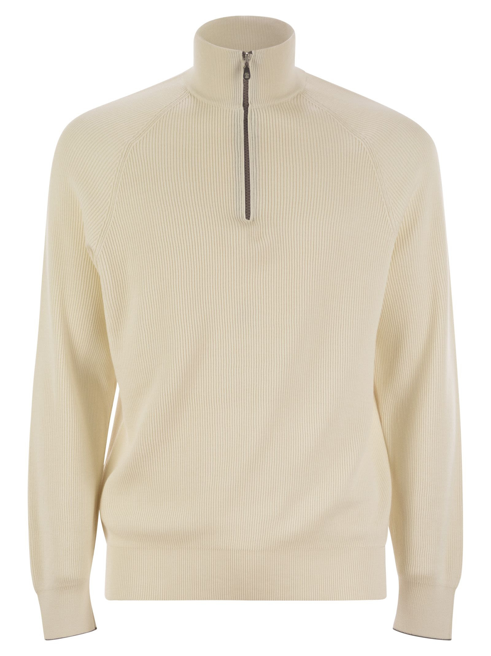 Brunello Cucinelli Men Cotton Rib Sweater With Zip Opening And Raglan Sleeve - 1