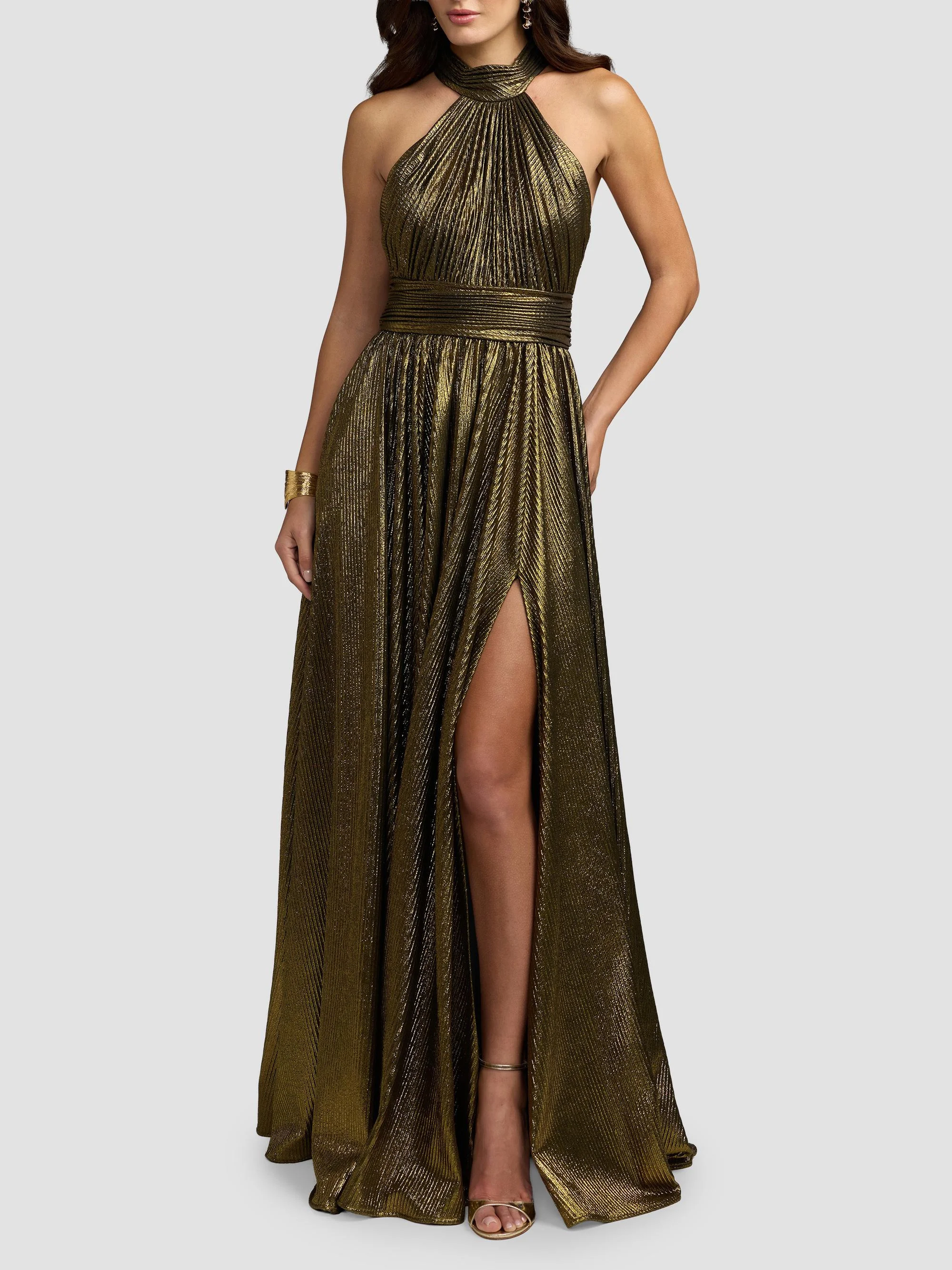 Women's Pleated Metallic Sleeveless Gown - Gold - 1