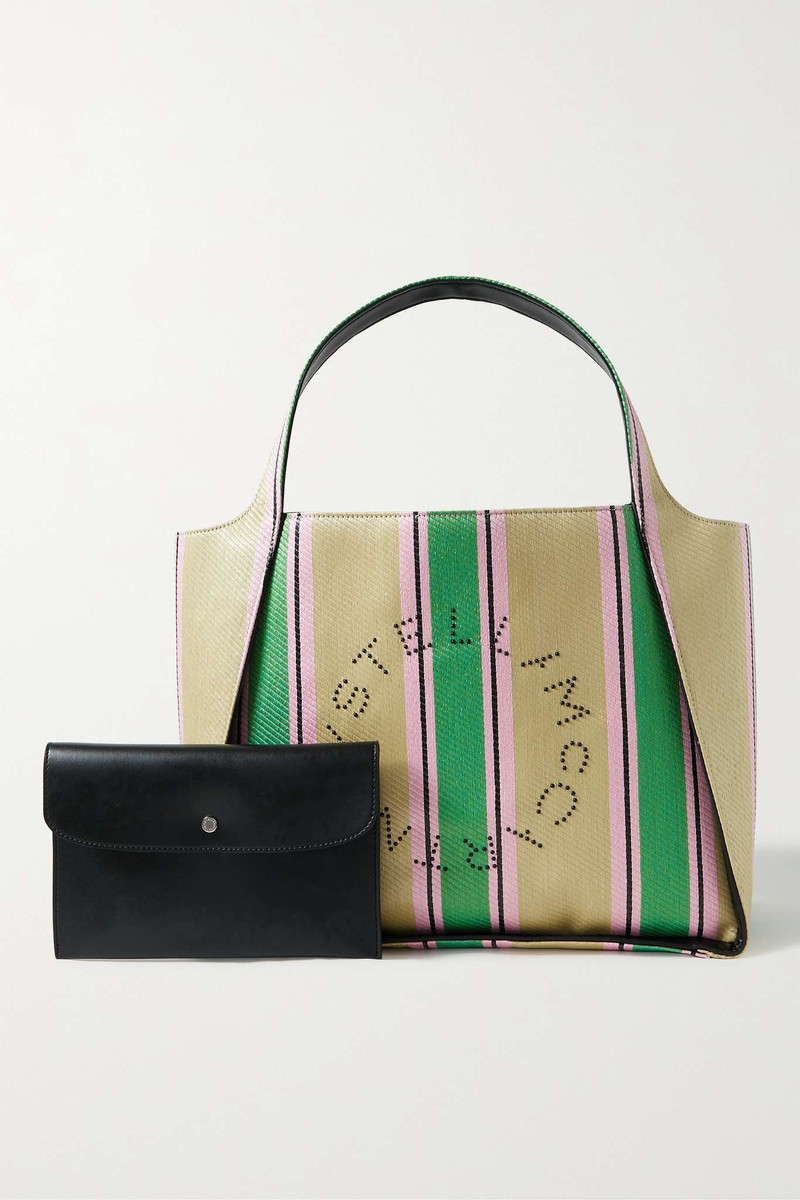 Vegetarian leather-trimmed studded striped raffia tote 6