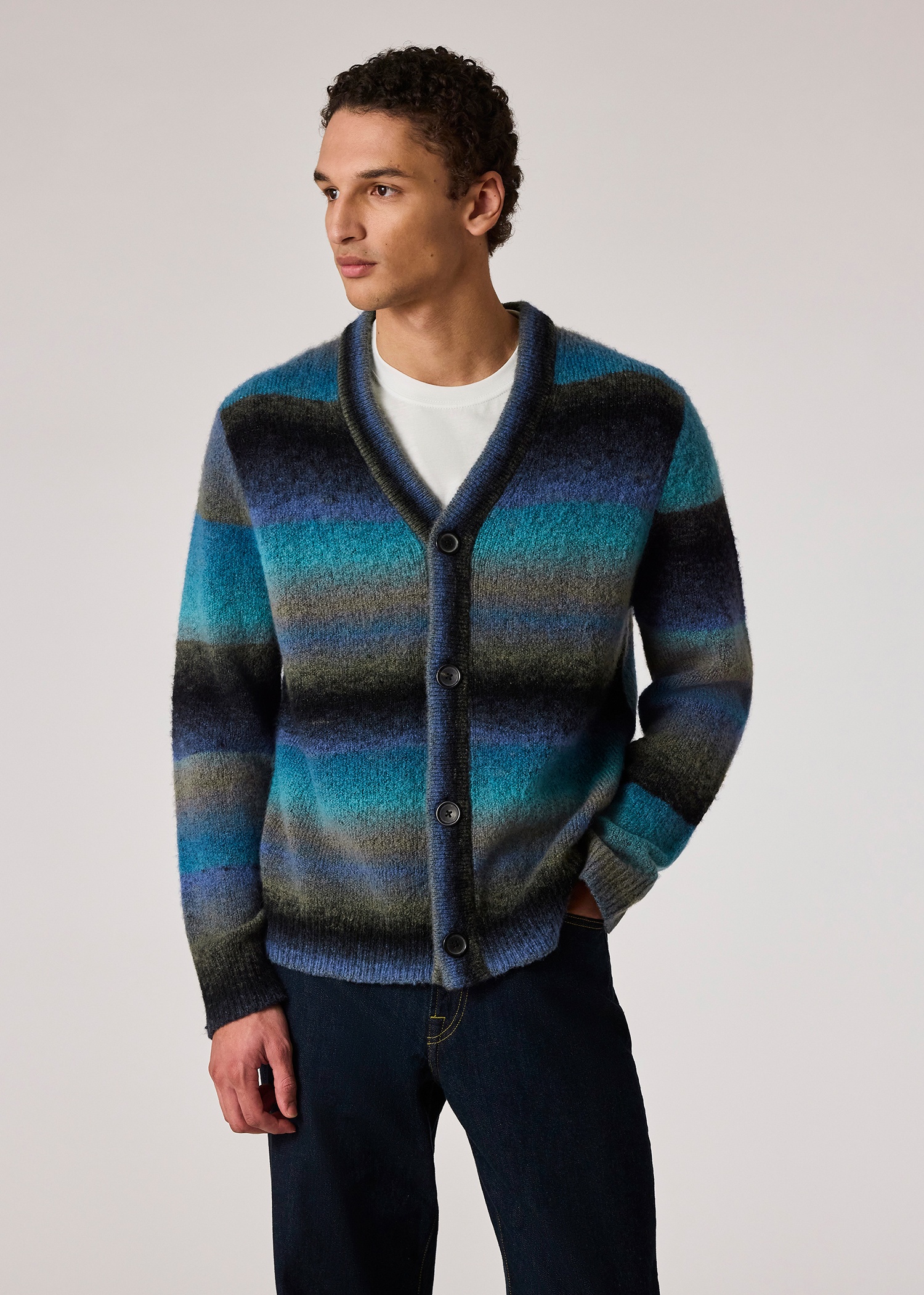 Blue Faded Stripe Merino Wool-Blend Cardigan - 3