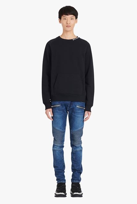 Black cotton sweatshirt with white Balmain logo print neckline - 4