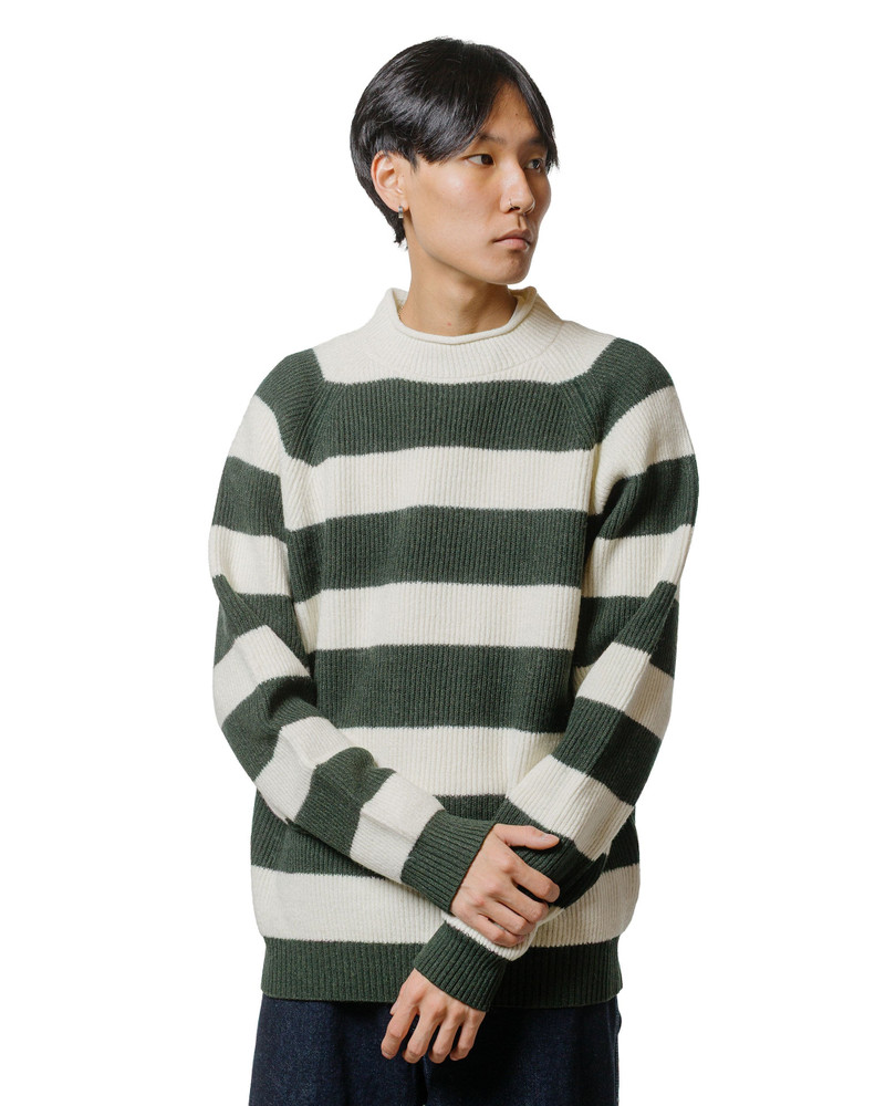 BEAMS PLUS Hi-Neck Rib Stitch Stripe White outlook