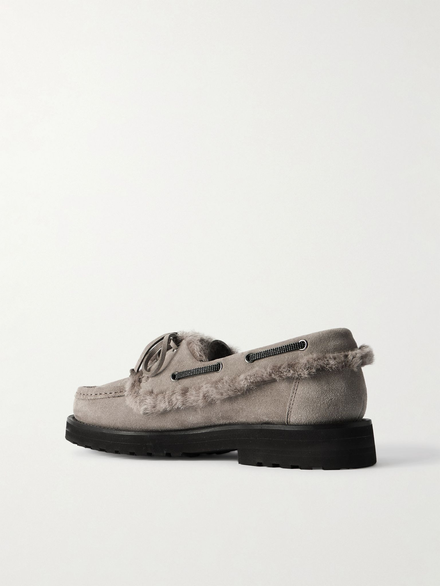 Bead-embellished shearling-trimmed suede loafers Light gray - 3