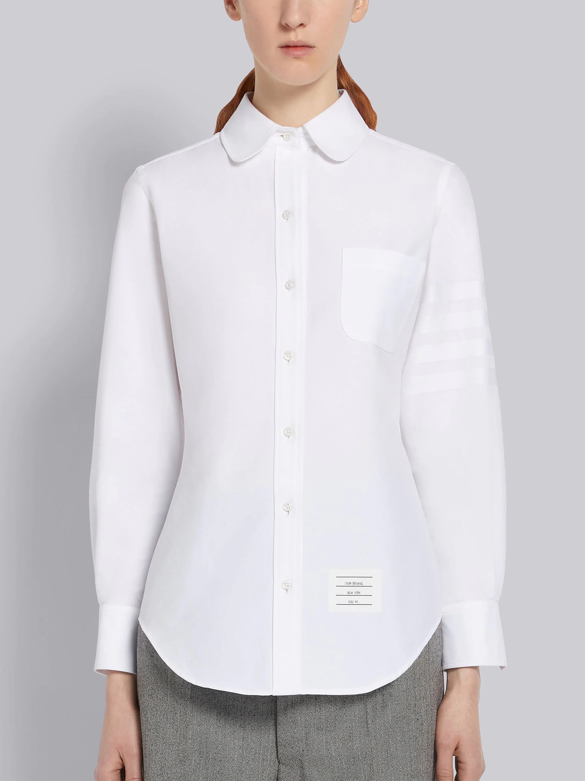 White Supima Cotton Oxford Satin Weave 4-Bar Long Sleeve Round Collar Shirt - 3