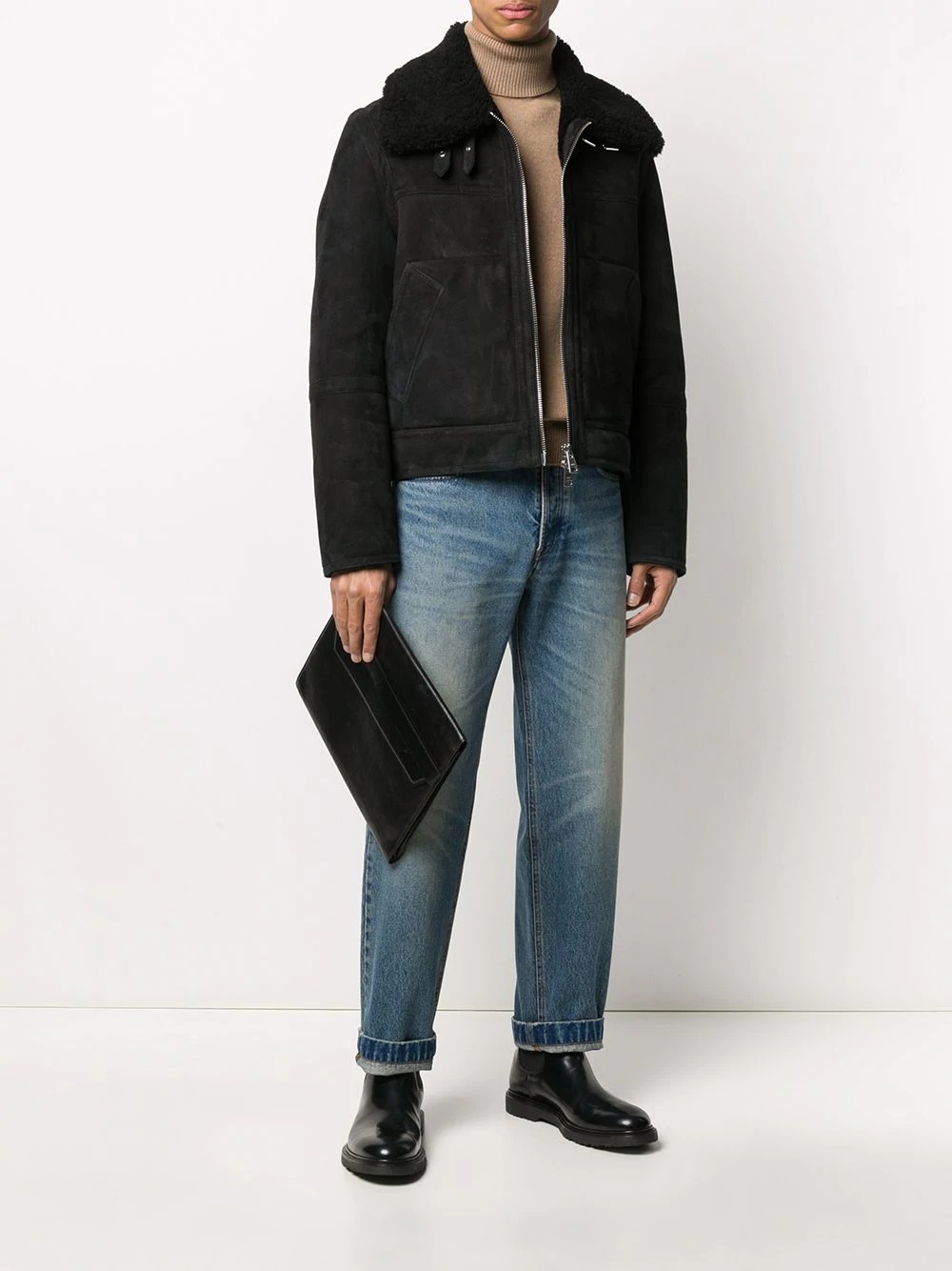 zip-up jacket in suede finishing shearling - 2