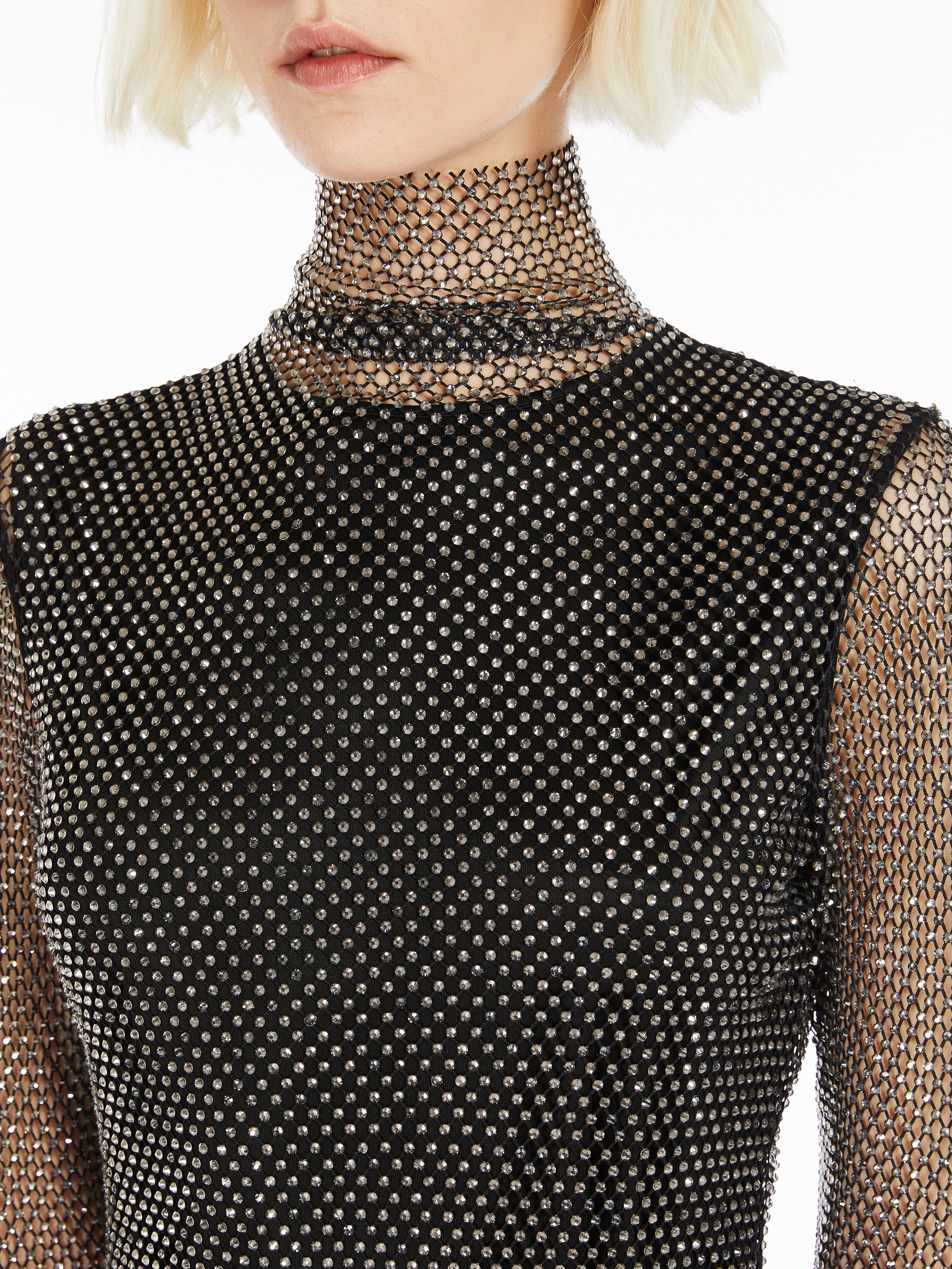 VALDAI Rhinestone mesh mock polo-neck sweater - 5