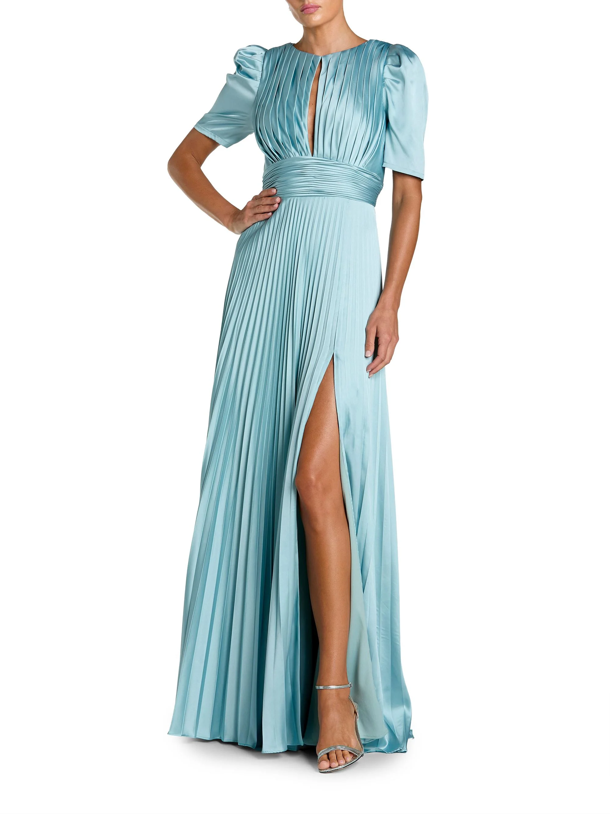 Women's Pleated Charmeuse Short-Sleeve Gown - French Blue - 1