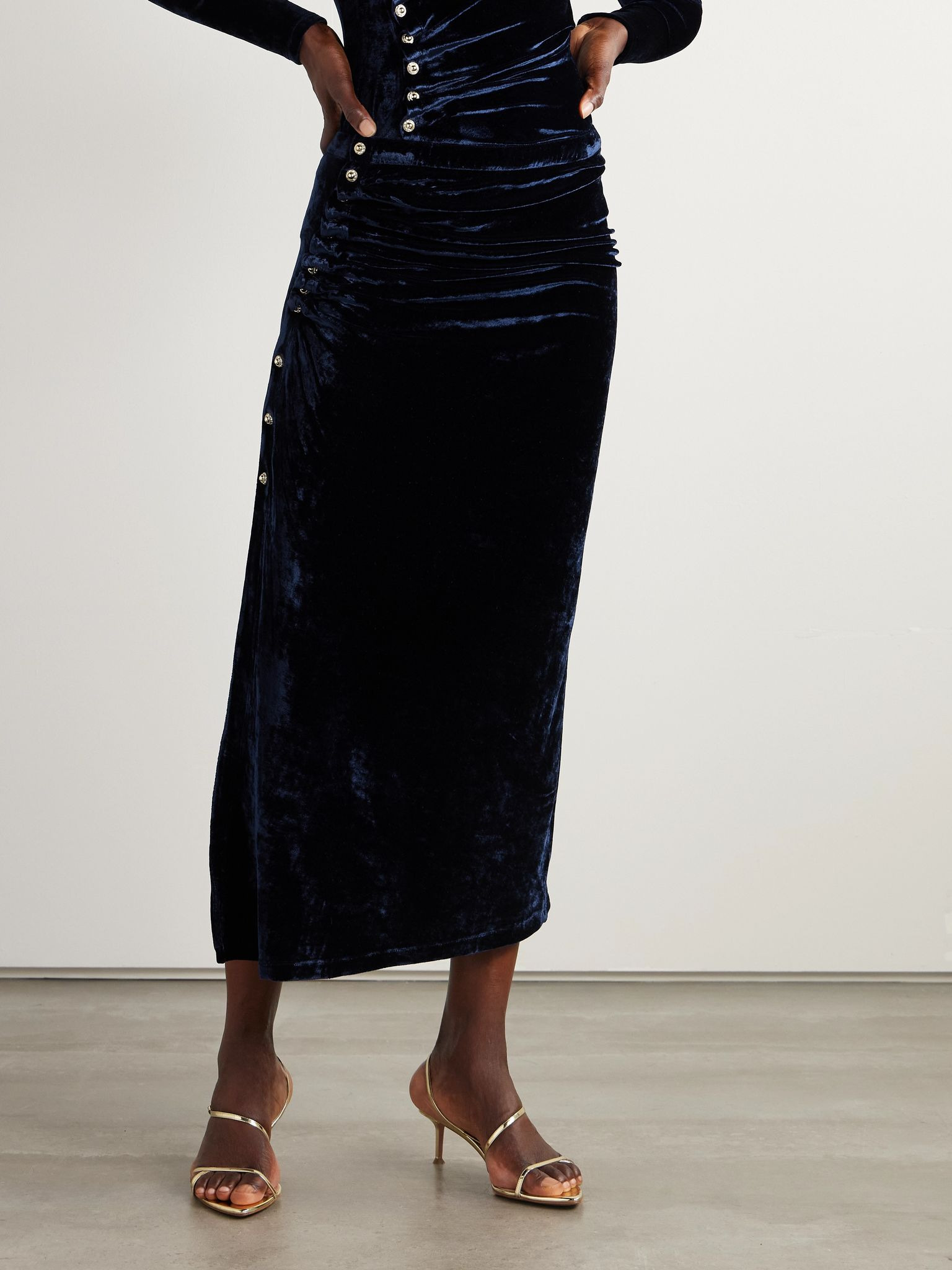 Ruched embellished velvet midi skirt Navy - 3