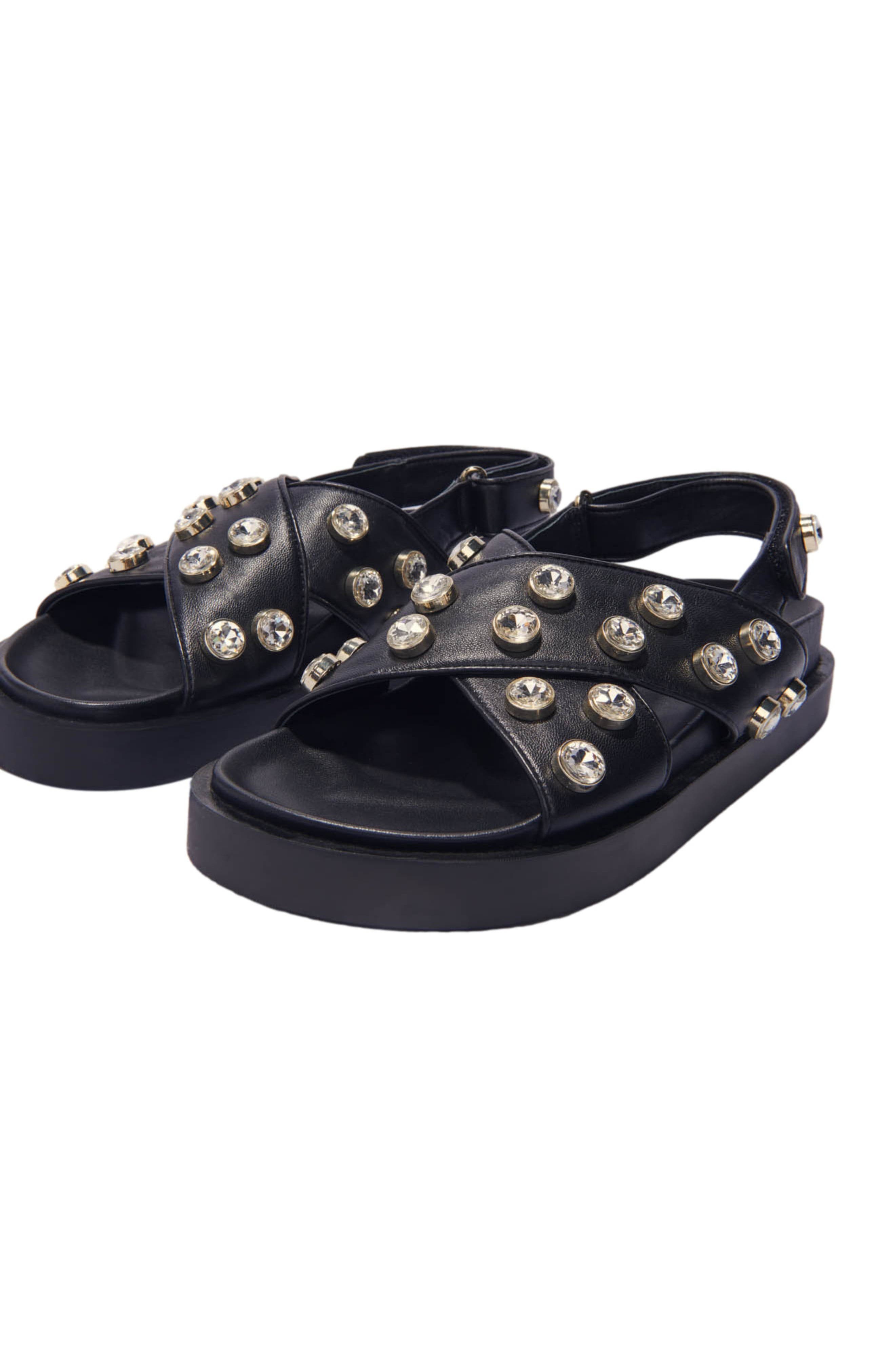 maje Flat leather and rhinestone sandals in Black at Nordstrom - 2