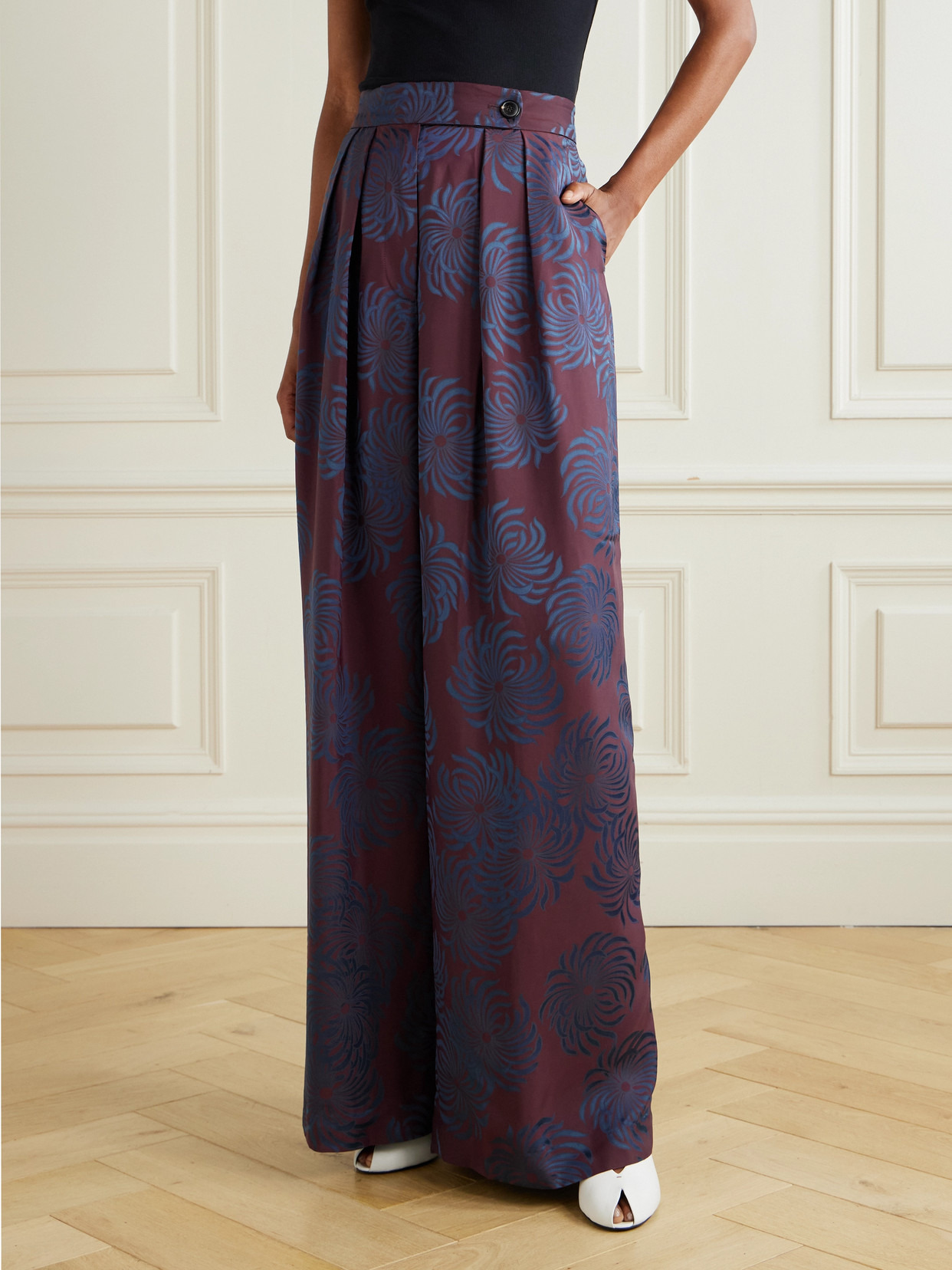 Pleated Satin-jacquard Wide-leg Pants - 4