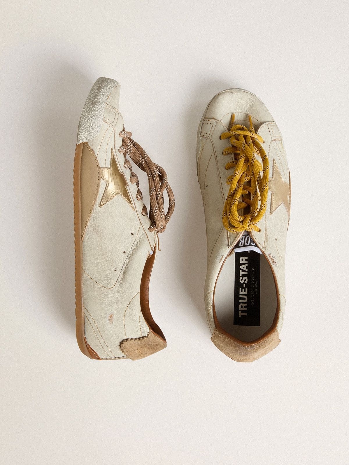 Women's True-Star in white nappa leather with gold star and beige suede heel tab - 2