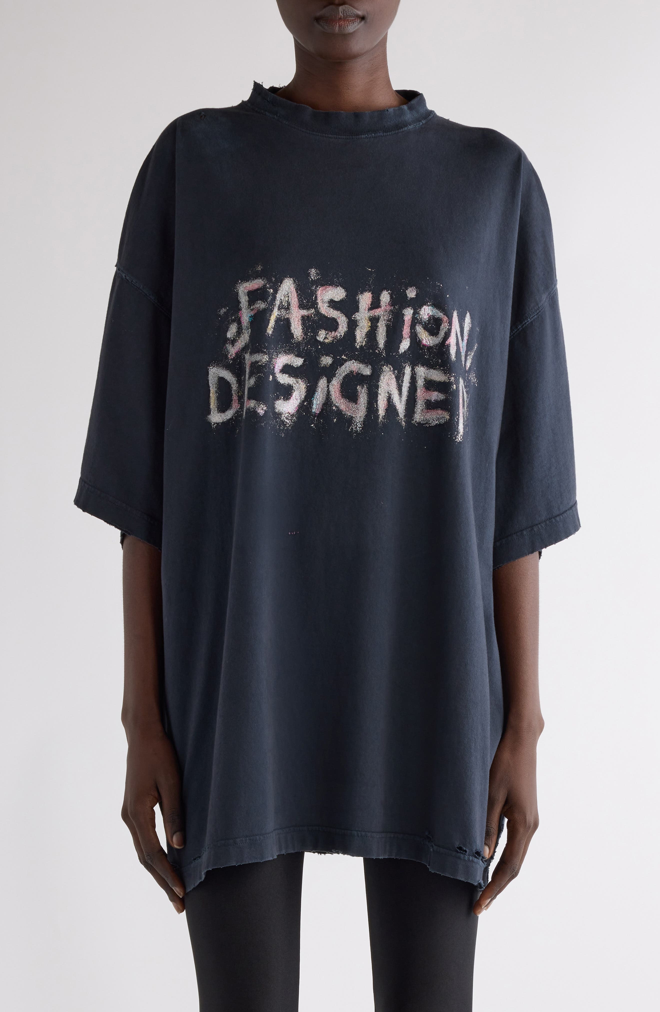 Balenciaga Fashion Designer Distressed Oversize Graphic T-Shirt in Faded Washed Black at Nordstrom - 1