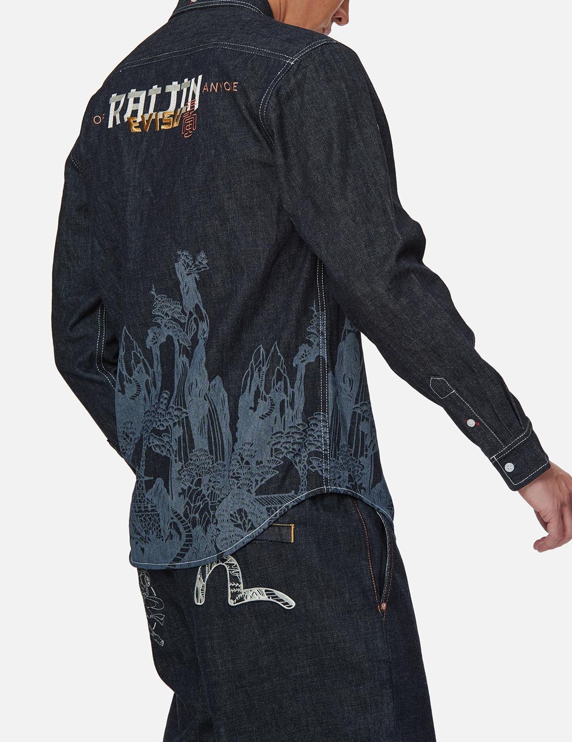 LANDSCAPE MOTIF DISCHARGED DENIM SHIRT - 7
