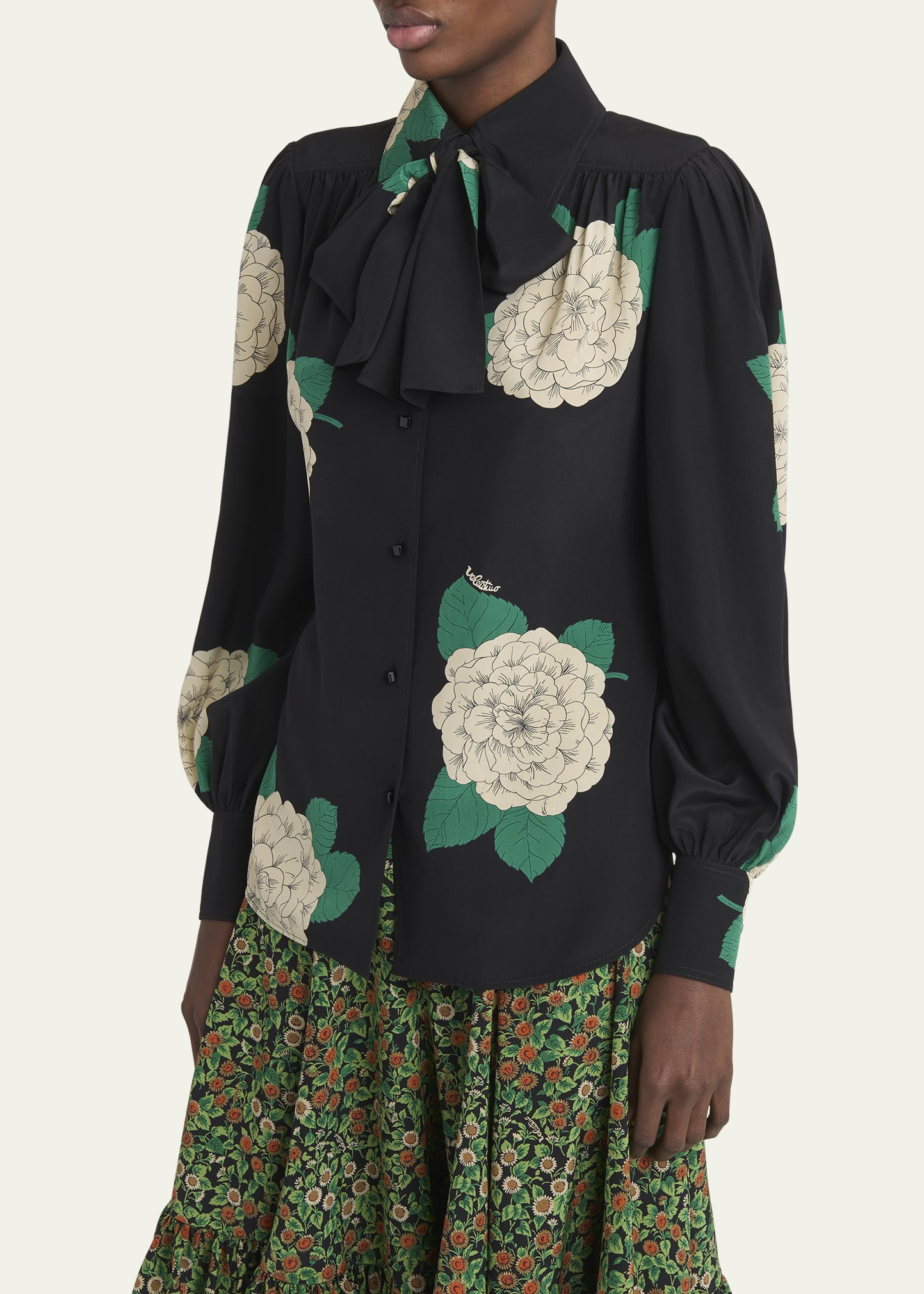 Floral Print Tie-Neck Silk Blouse - 4