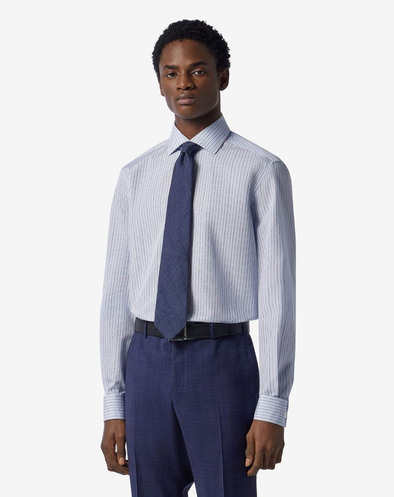CORNELIANI Double-twisted cotton shirt with light blue and black stripes outlook