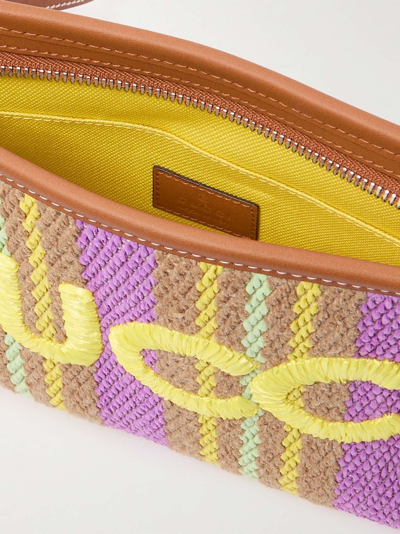 Leather-trimmed embroidered raffia pouch - 5