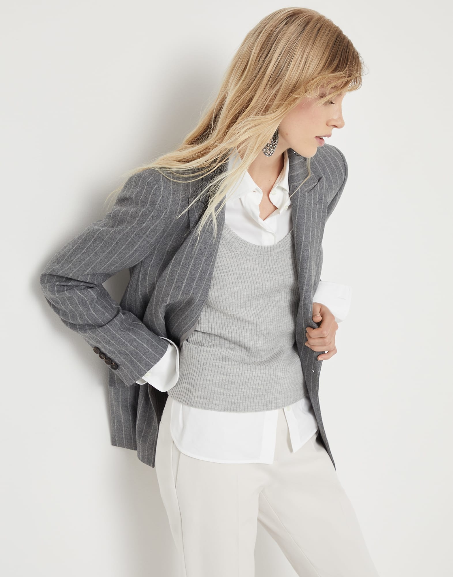 Virgin wool mouliné chalk stripe blazer with monili - 4