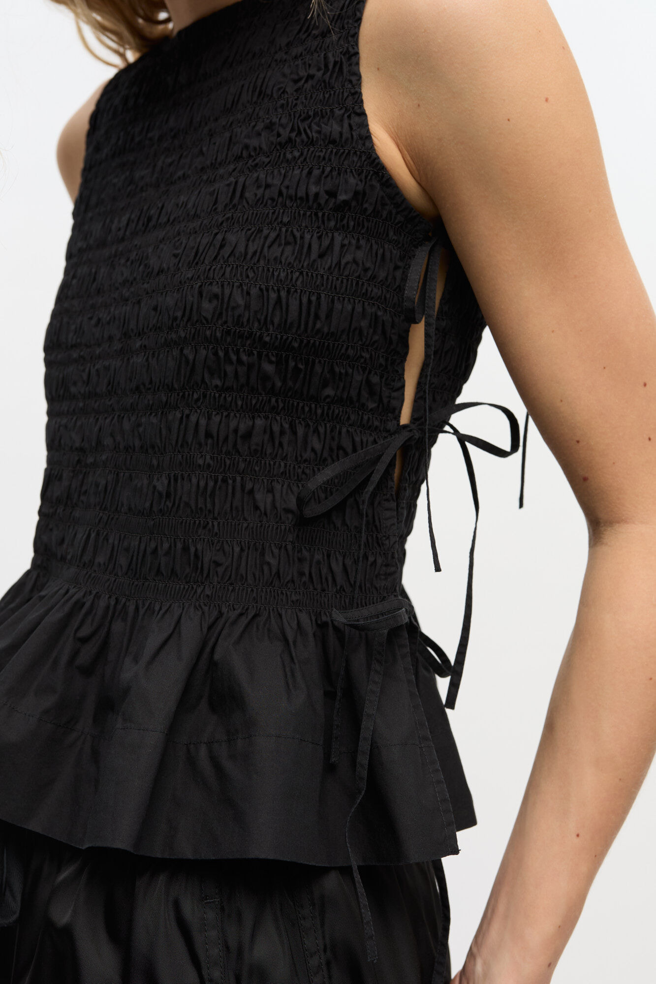 BLACK COTTON SMOCK TIE TOP - 4