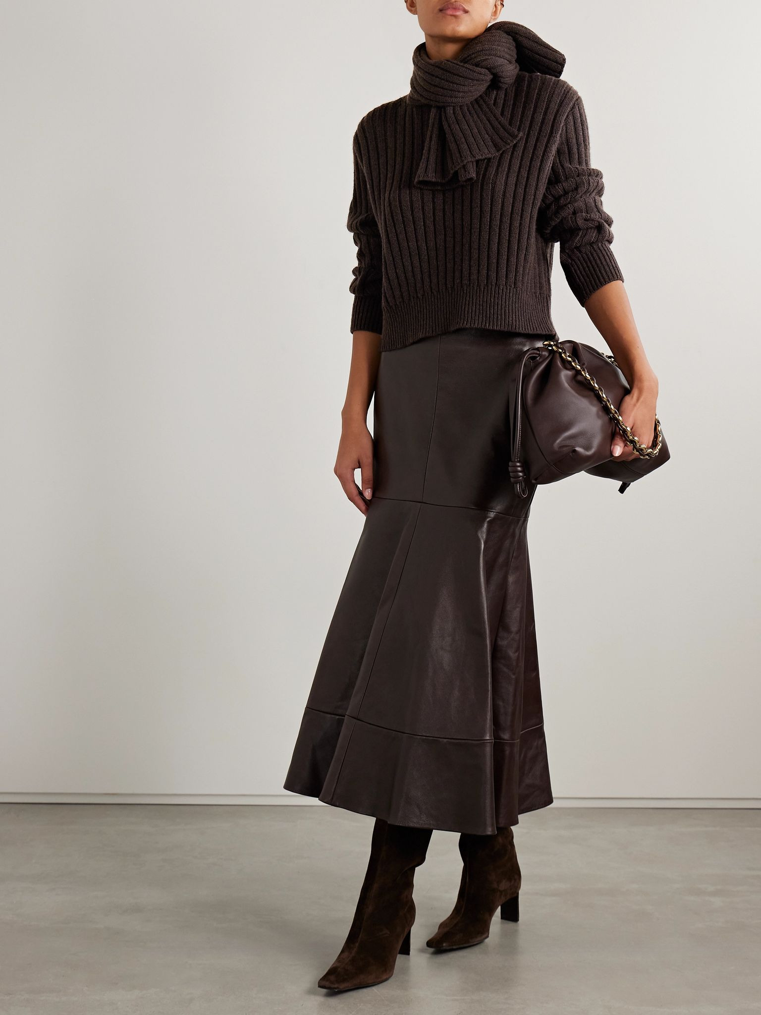 The Ryan scarf-detailed ribbed recycled-cashmere sweater Chocolate - 2