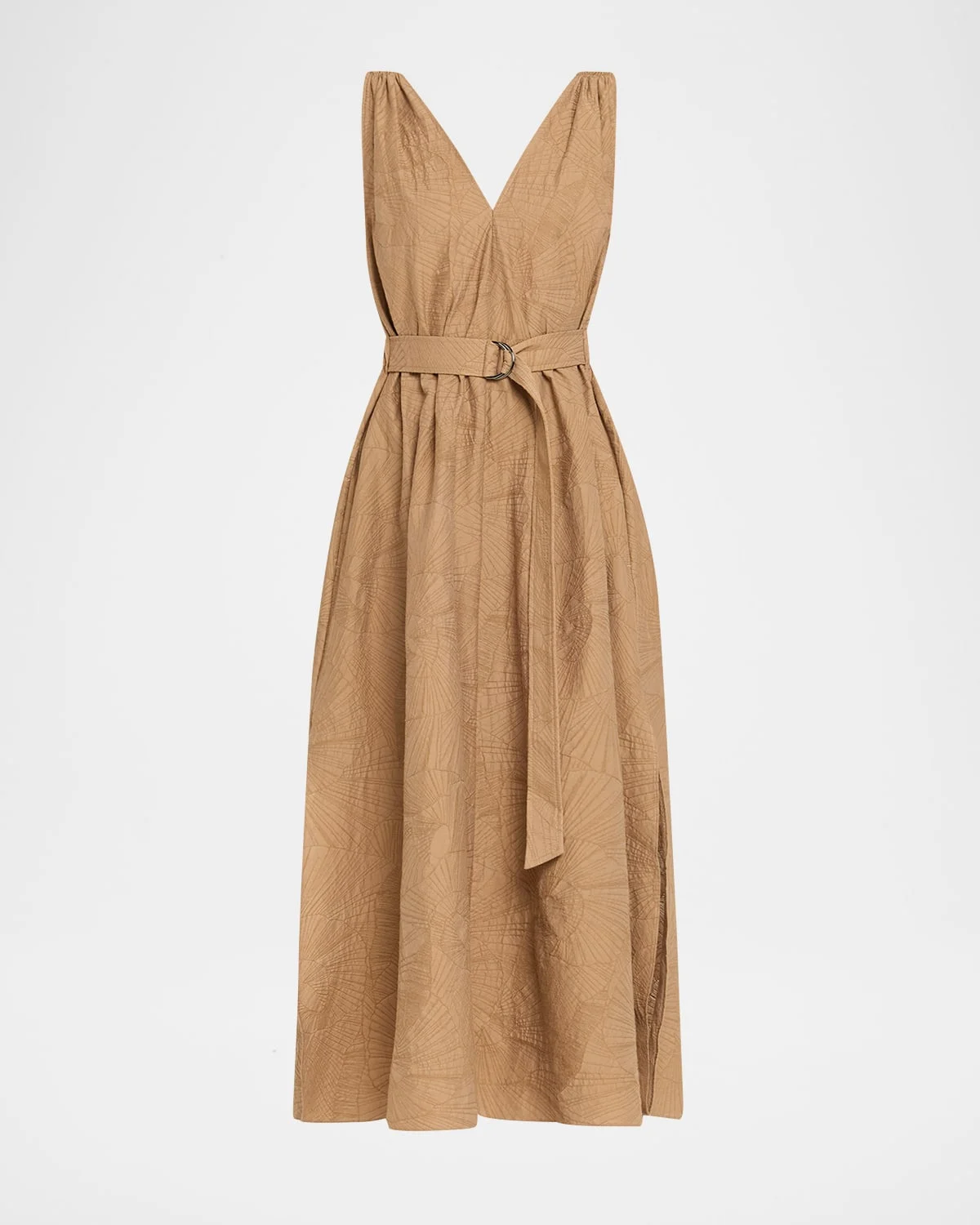 Sleeveless Cotton Poplin Jacquard Belted Midi Dress - 1